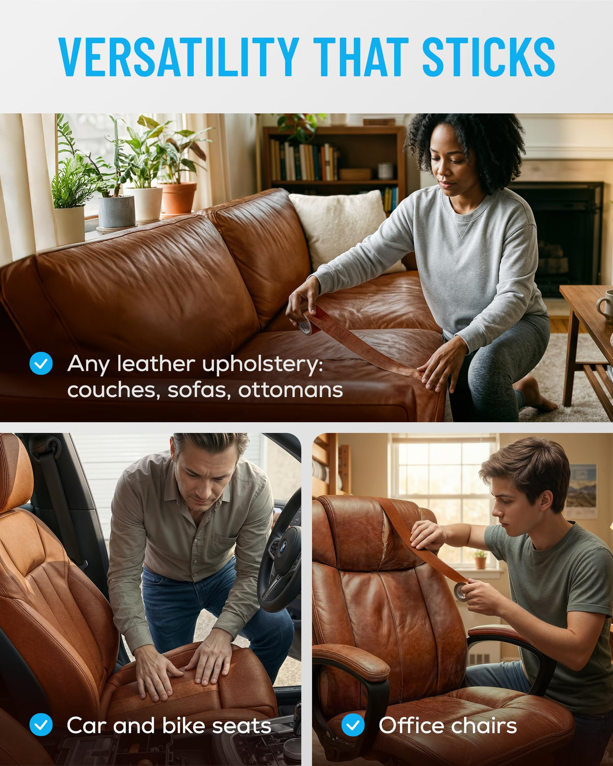 MATCH 'N PATCH Leather Repair Tape - Whiskey (2.25 inch x 15 feet) - Realistic Faux Leather Patches for Couch, Sofa, Upholstery, Car Seats & Other Furniture, Vinyl Repair Kit, Self Adhesive Patch 2.25" x 15'