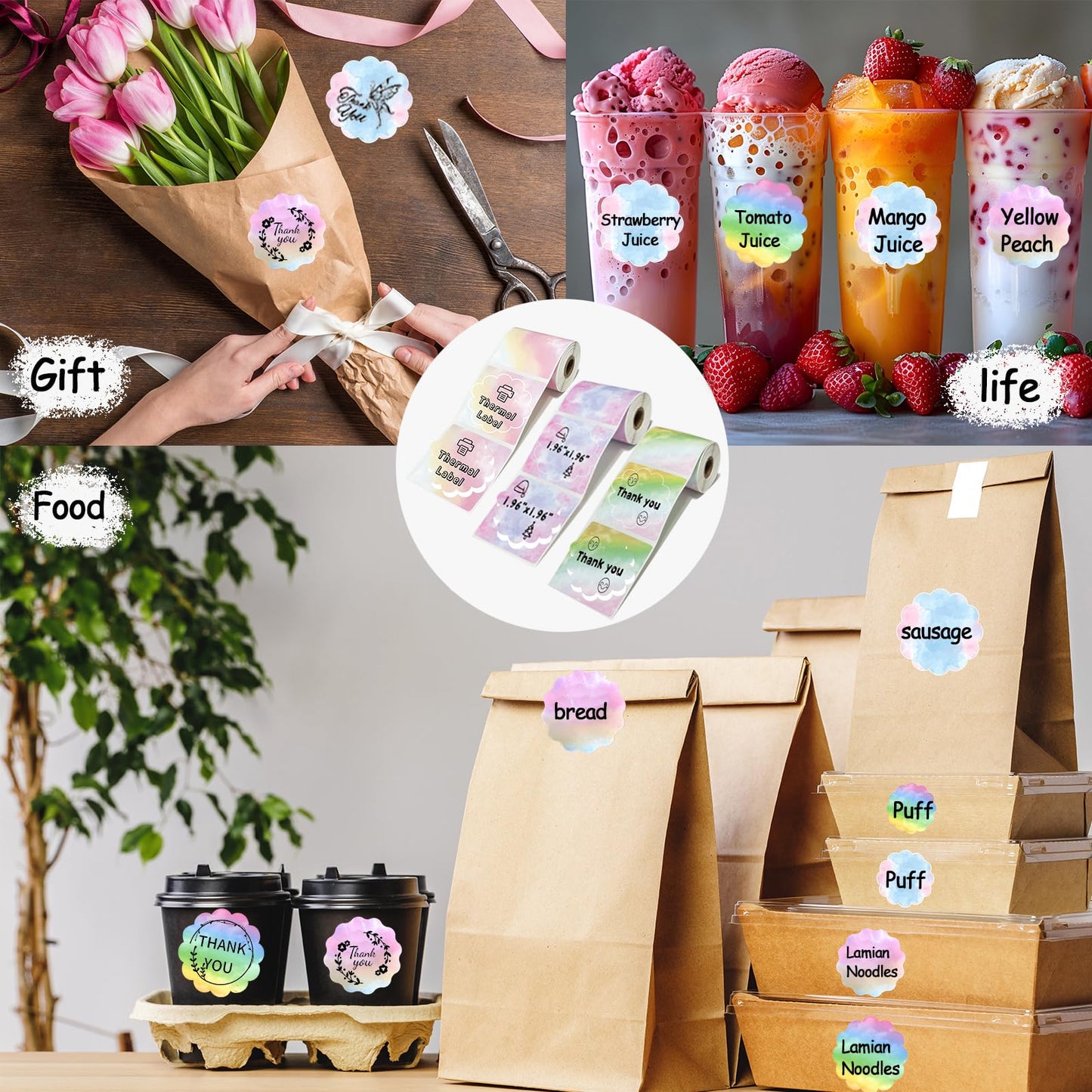 3 Rolls Flower Thermal Labels Gradient Colorful Sticker for Phomemo M110 M220 M221 M120 M200 Label Maker Printer,1.96x1.96in Waterproof Labels Paper for Address,DIY,Design,Price,Thanks