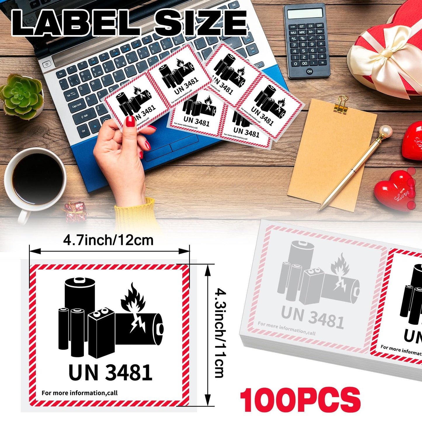 100 Pcs Lithium Ion Battery Caution Labels Un3481 Transport Caution Warning Stickers 4.7 x 4.3 Fragile Stickers for Shipping Lithium Batteries Strong Adhesive Safety 100