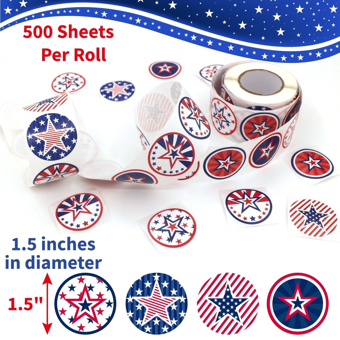 1.5 inches/500 Patriotic Stickers, 8 Designs of American Flag Stickers, 4th of July Stickers for Patriotic Decor Presidents Day Memorial Day Independence Day Labor Day Veterans Day