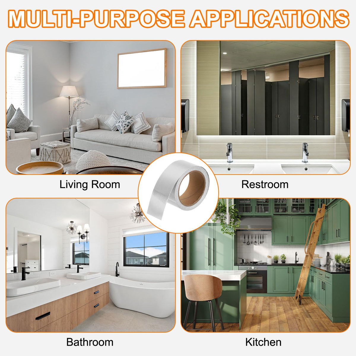 HARFINGTON Mirror Border Peel and Stick Wood Grain Tape 2" x 39ft Foil Self-Adhesive Waterproof Frame Sticker Removable Wallpaper for Bathroom Cabinet Door Photo Frame, Brushed Silver 2 IN x 39 FT