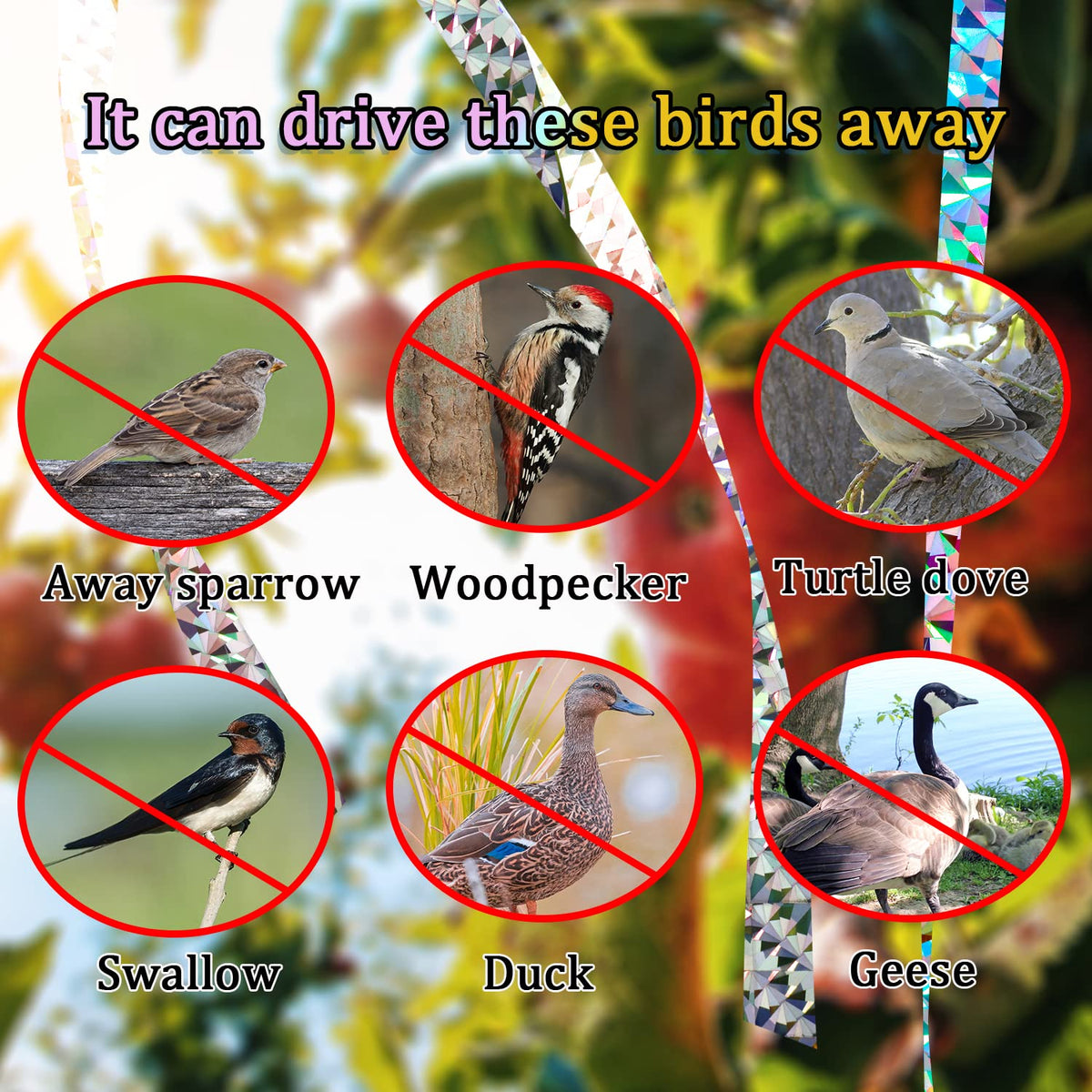 328ft Bird Reflective Scare Tape, Bird Scare Flash Tape Bird Tape Double Sided Reflective Holographic Tape Keep Away Woodpeckers, Pigeons, Grackles from Home, Garden