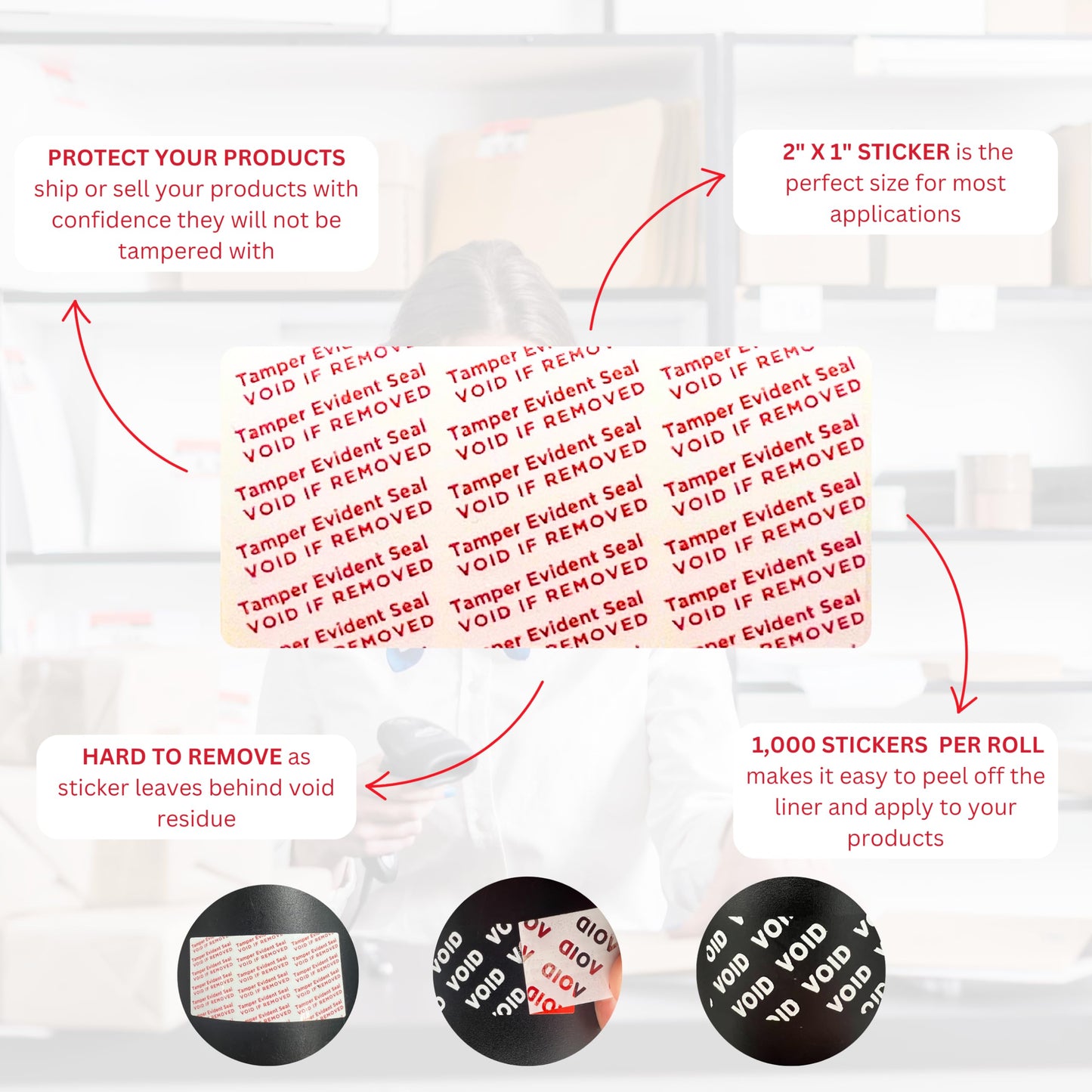 Tamper Evident Stickers, 2" x 1", 1000 Labels, VOID Material, White, Security, Proof, Seal, Labels