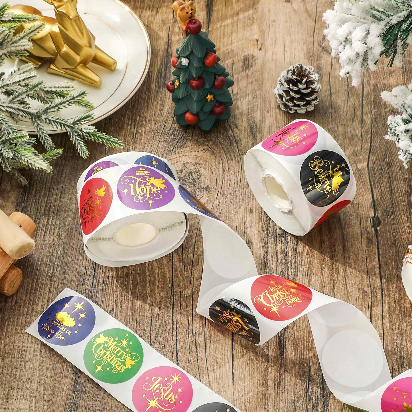 1000Pcs Gold Foil Christmas Nativity Stickers Roll Self-Adhesive Xmas Holy Night Label Stickers Decal for Holiday Party Favor Decor, 12 Designs