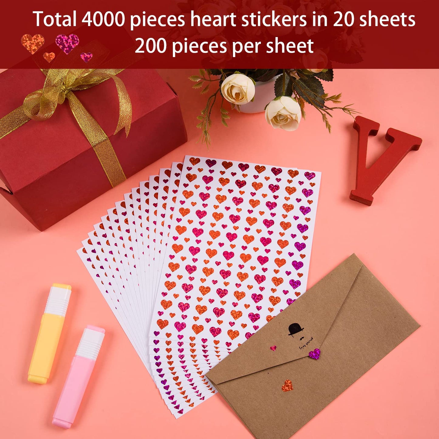 4000 Pcs Glitter Heart Sticker Valentine's Day Heart Shaped Sticker Love Heart Stickers Labels Self-Adhesive Decorative Sticker for Party Favors, Wedding, Anniversaries, Gift Packaging, Scrapbook
