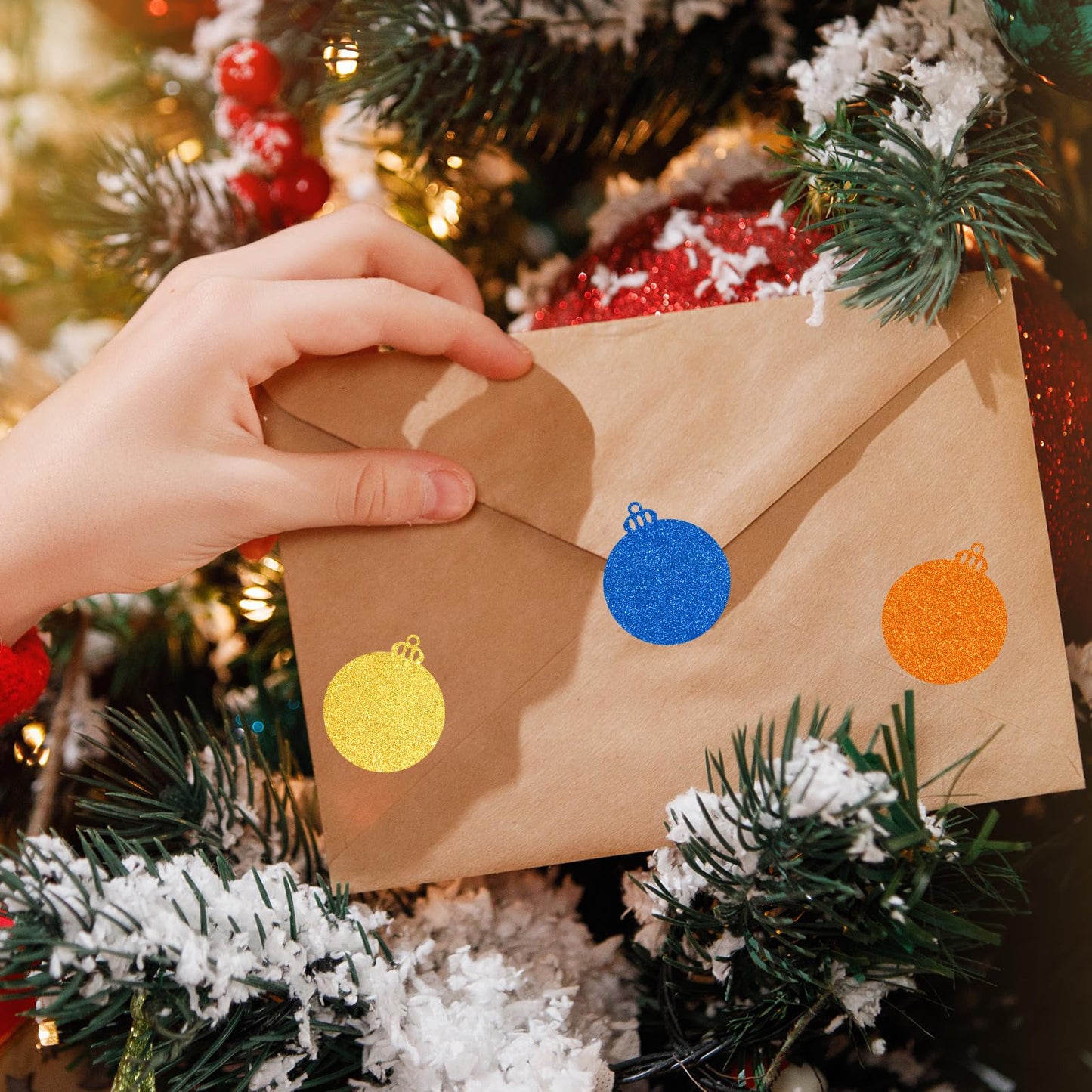 AnyDesign 500Pcs Christmas Sticker Glitter Xmas Ball Envelope Seal Decal 5 Colors Self-Adhesive Paper Label for Winter Invitation Greeting Card Scrapbook Ornament, 1.5 in Xmas Balls