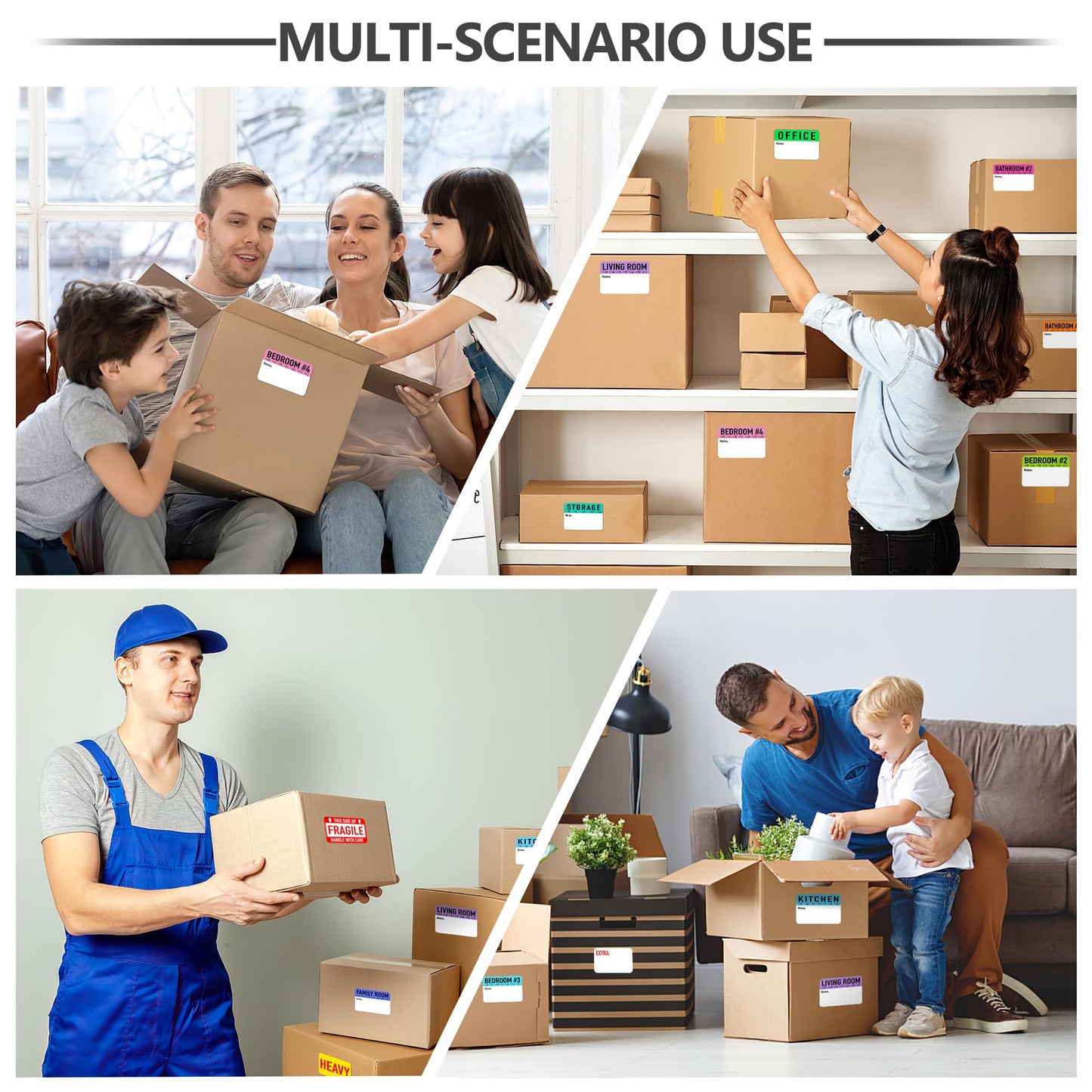 300 Pcs Moving Packing Box Labels 2” x 3” with Writable Notes Areas, 20 Designs Pre-Printed Color-Coded Home Moving Sticker Including Fragile & Customizable Blanks (Large, Count, 15) (Black) Black