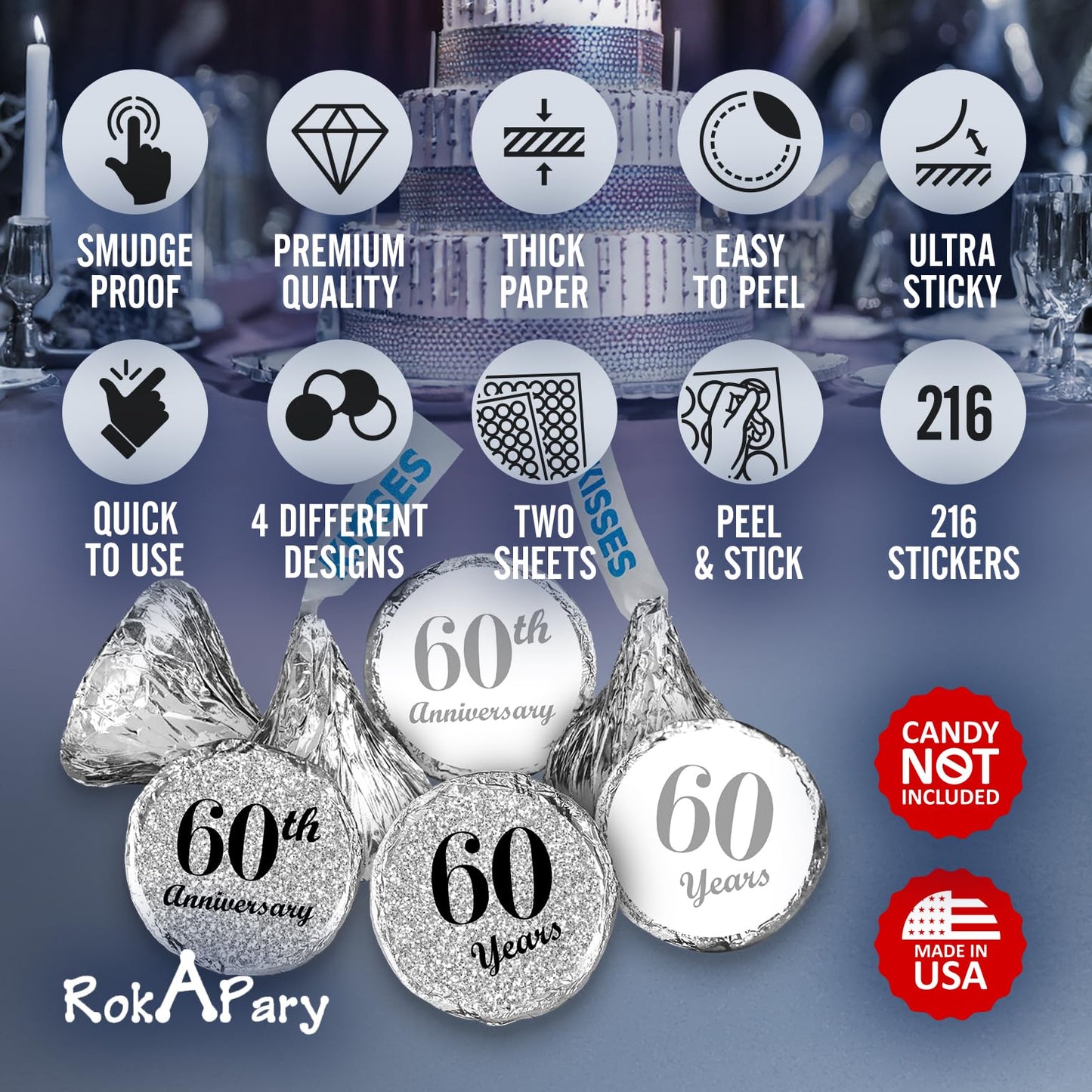 60th Anniversary Kisses Stickers, (Set of 216) Chocolate Drops Labels Stickers for 60 Wedding Anniversary, Party Favors Decor for Kisses. Made in USA