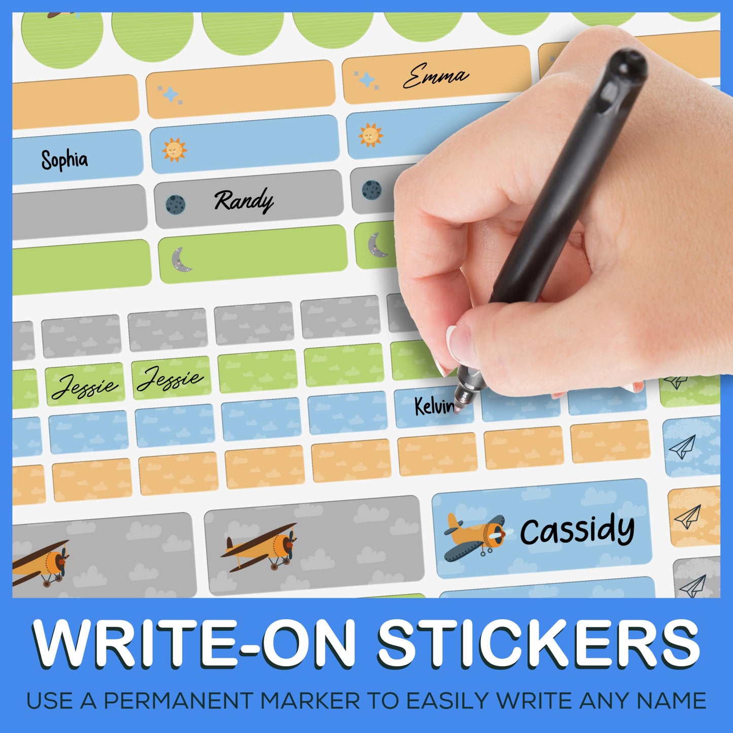 U-Name-It Self-Writing Name Stickers: 100 Personalized Waterproof Labels for Kids, Dishwasher & Microwave Safe, Name Stickers for Daycare, Bottles, School, and Camp, (Airplane)