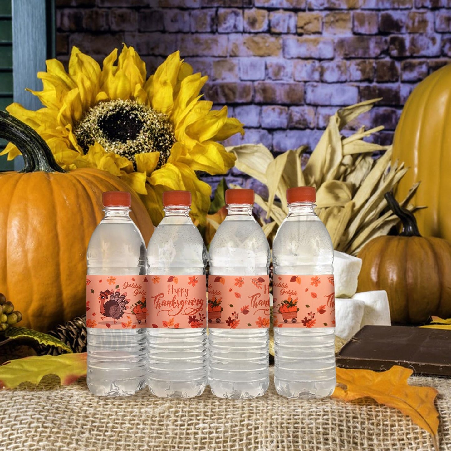 48 Pcs Thanksgiving Water Bottle Labels Turkey Day Themed Stickers Drinks Wrappers for Thanksgiving Party Favors Decor Supplies Orange
