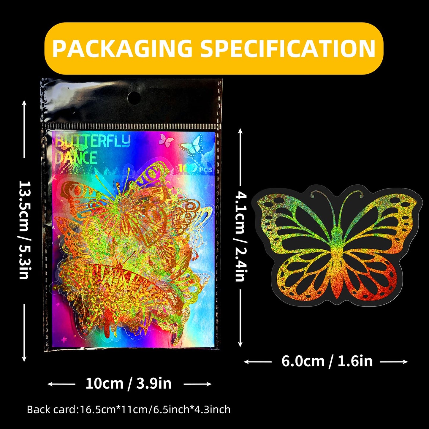 100PCS Holographic Butterfly Stickers, Gold Laser Transparent Waterproof Stickers, Self-Adhesive Labels for Scrapbooking, Water Bottles, Journals, Laptops, Wall Decoration