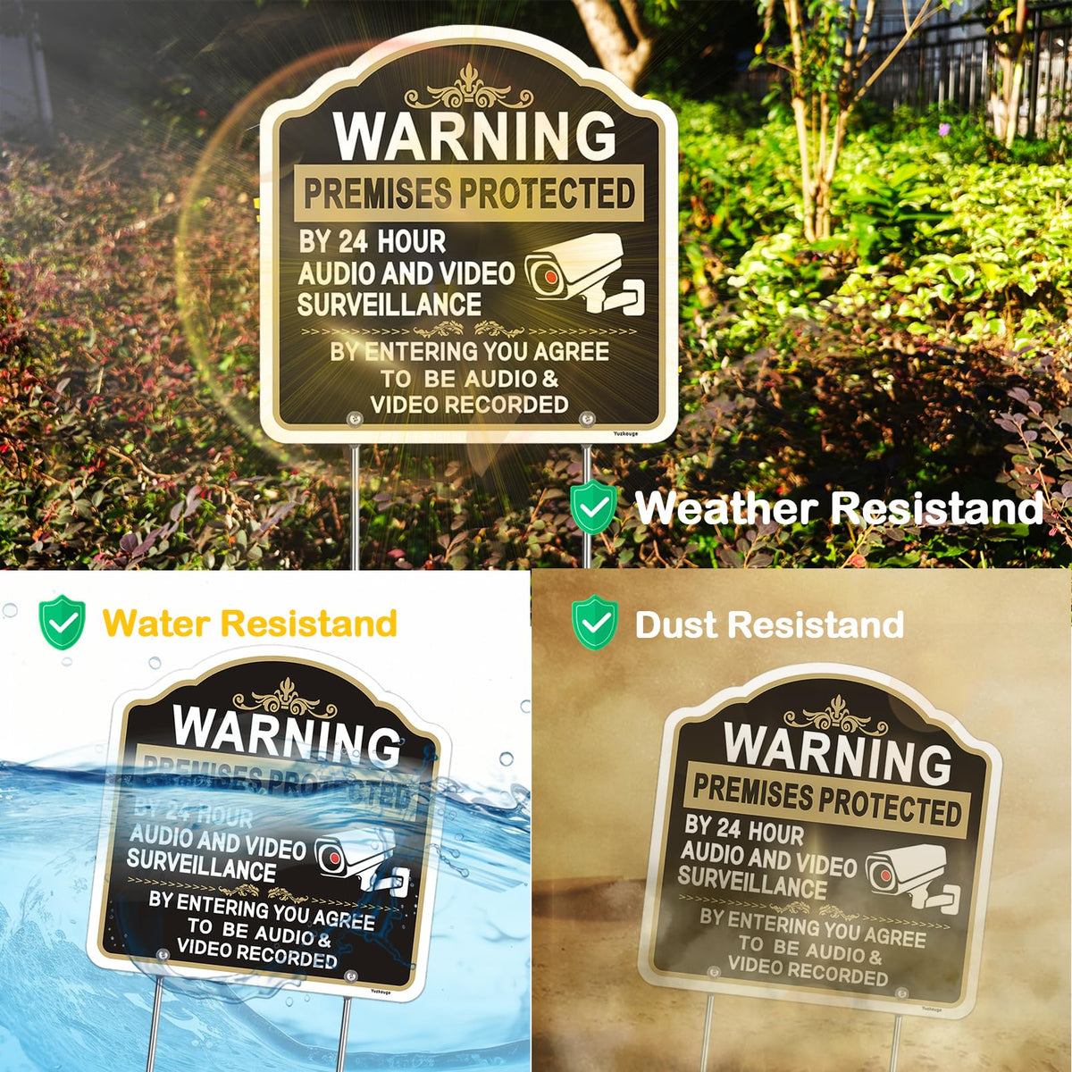 2 Pack Warning Premises Protected By 24 Hour Audio and Video Surveillance Sign with Stake, 12” x 12” aluminum No Trespassing sign for House Lawn Business.