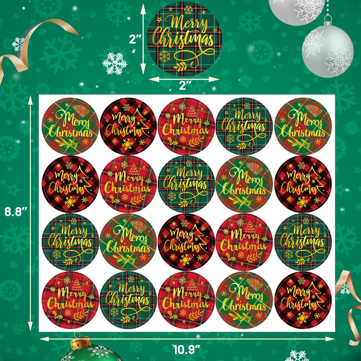 Merry Christmas Stickers Plaid Xmas Gold Foil Sealing Labels for Holiday Envelopes Cards Scrapbook Decor Supplies 100 Pcs