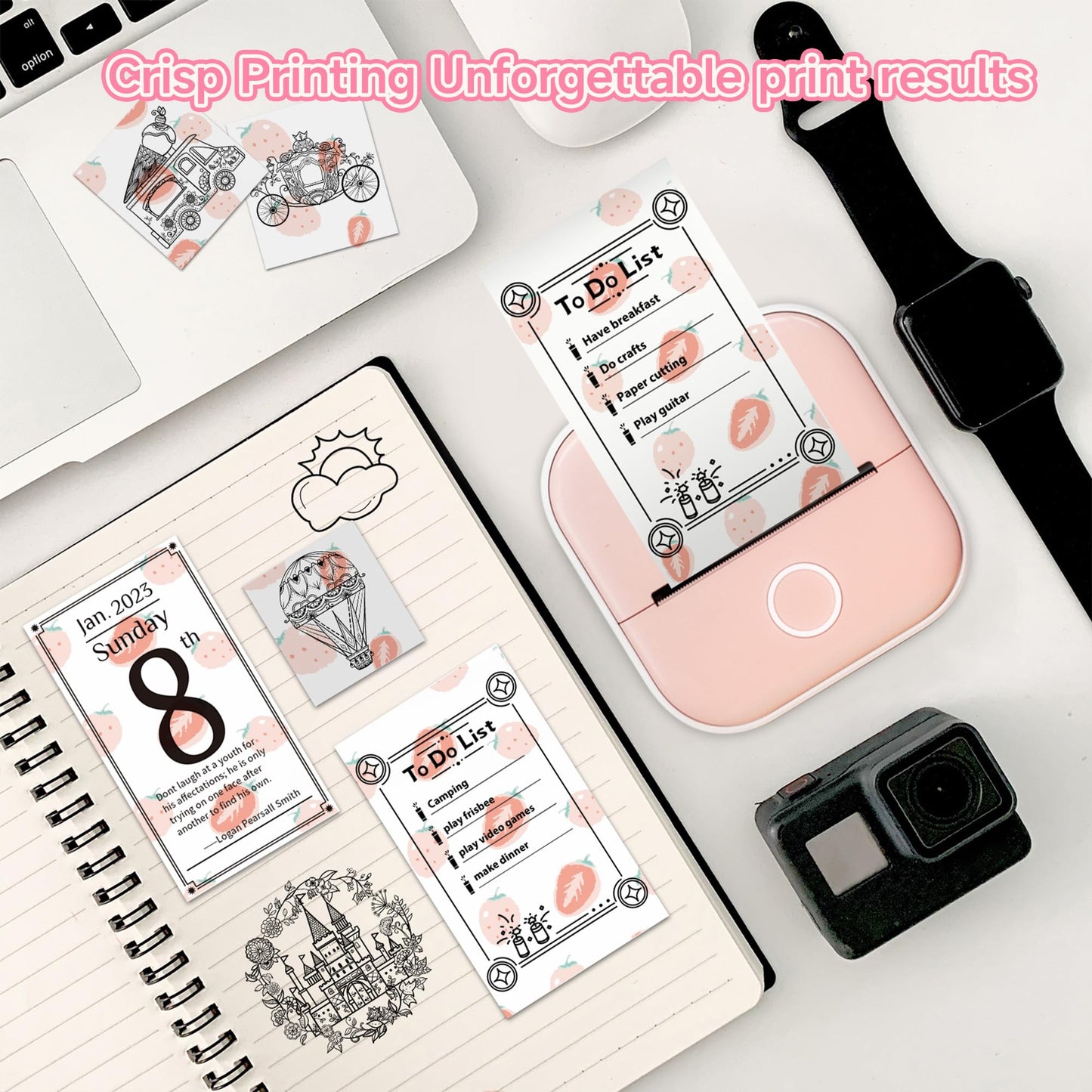 Phomemo Self-Adhesive Thermal Sticker Paper, Color Printer Paper Compatible with Phomemo Q02/T02/M832/M02/M02S/M04S Thermal Printer, Black on Milk Strawberry, 50mm x 3.5m, Keep for 20 Years, 3 Rolls 1.96 in x 11.48 ft