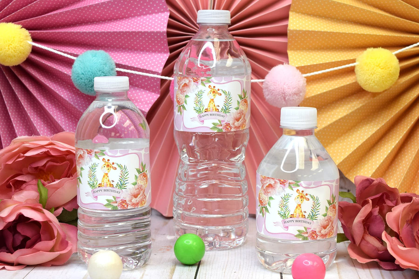 Watercolor Giraffe Birthday Themed Waterproof Water Bottle Sticker Wrappers 20 Wrap Around Labels Sized 1.75" x 8.5" by AmandaCreation