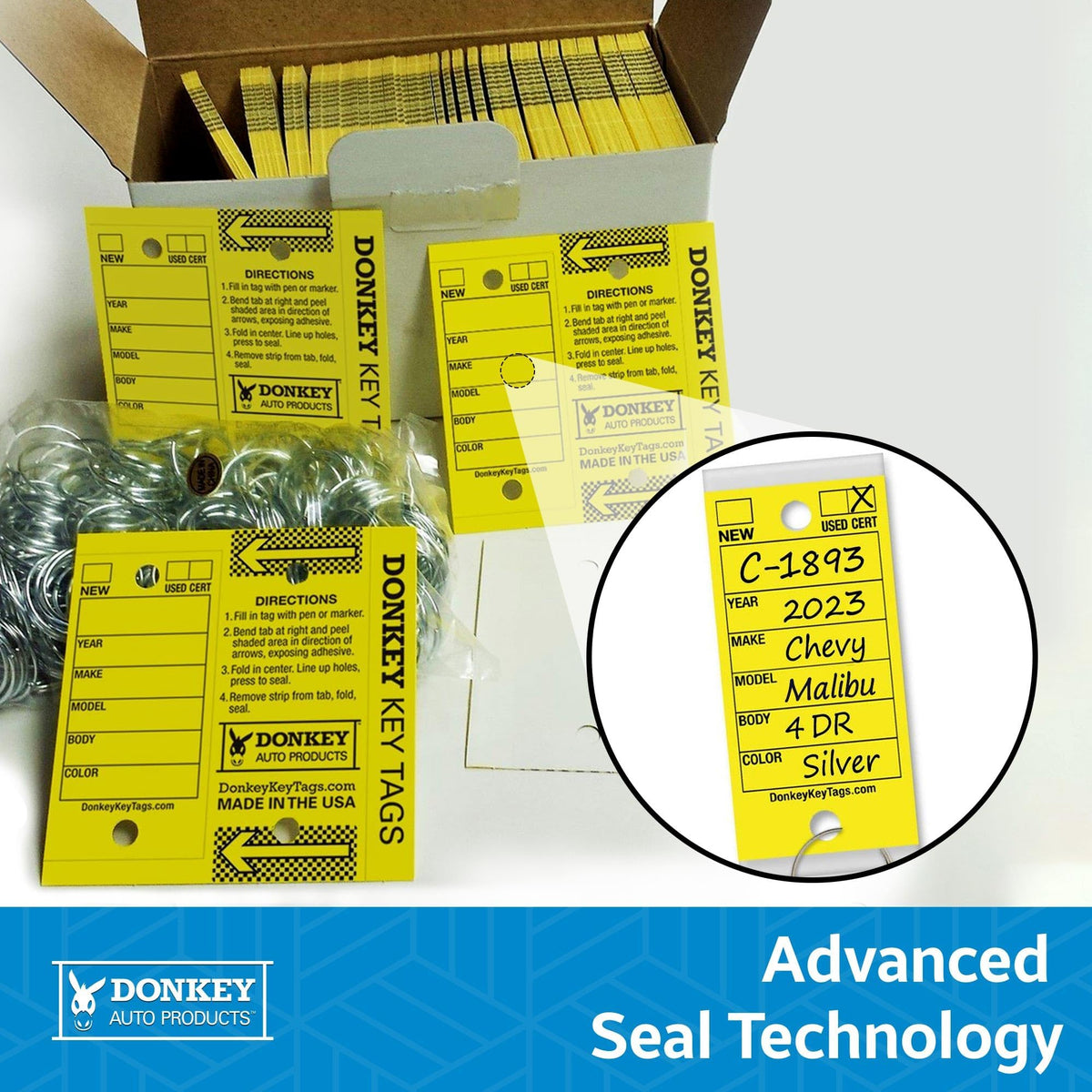 Donkey Key Tags, Laminated Self-Protecting (250 Tags Per Box with Metal Rings) (Yellow) Yellow
