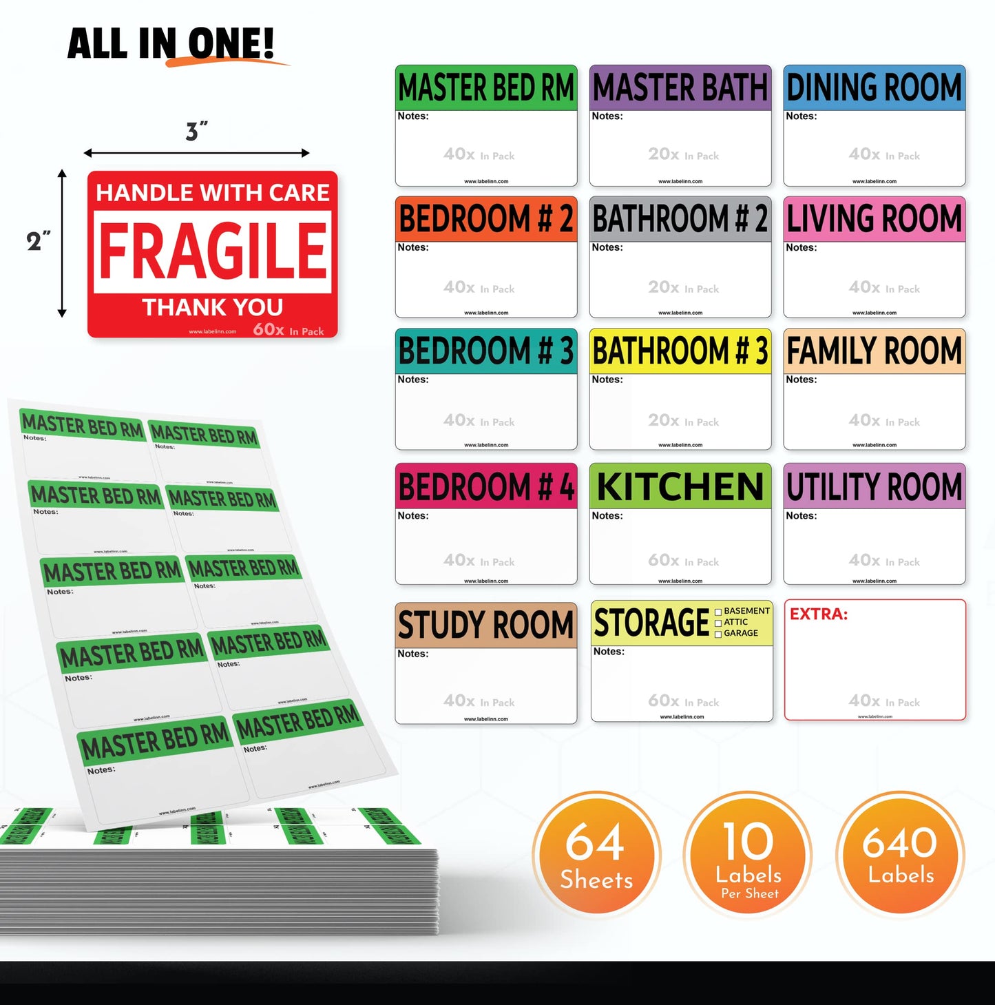 640 Pcs Moving Labels for Boxes - 2" x 3" Moving Stickers for Boxes Having 64 Color Coded Sheets with 16 Designs Including Fragile & Blank Packing Labels 640