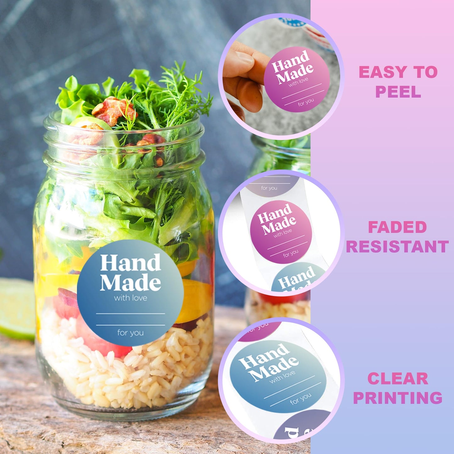 Mobiusea Creation Handmade with Love Labels Roll | Colorful Gradient Design | 2 inch Round Cut | 500 Labels for Homemade Goods, Handmade Stickers, Soap Candle Canning Supplies