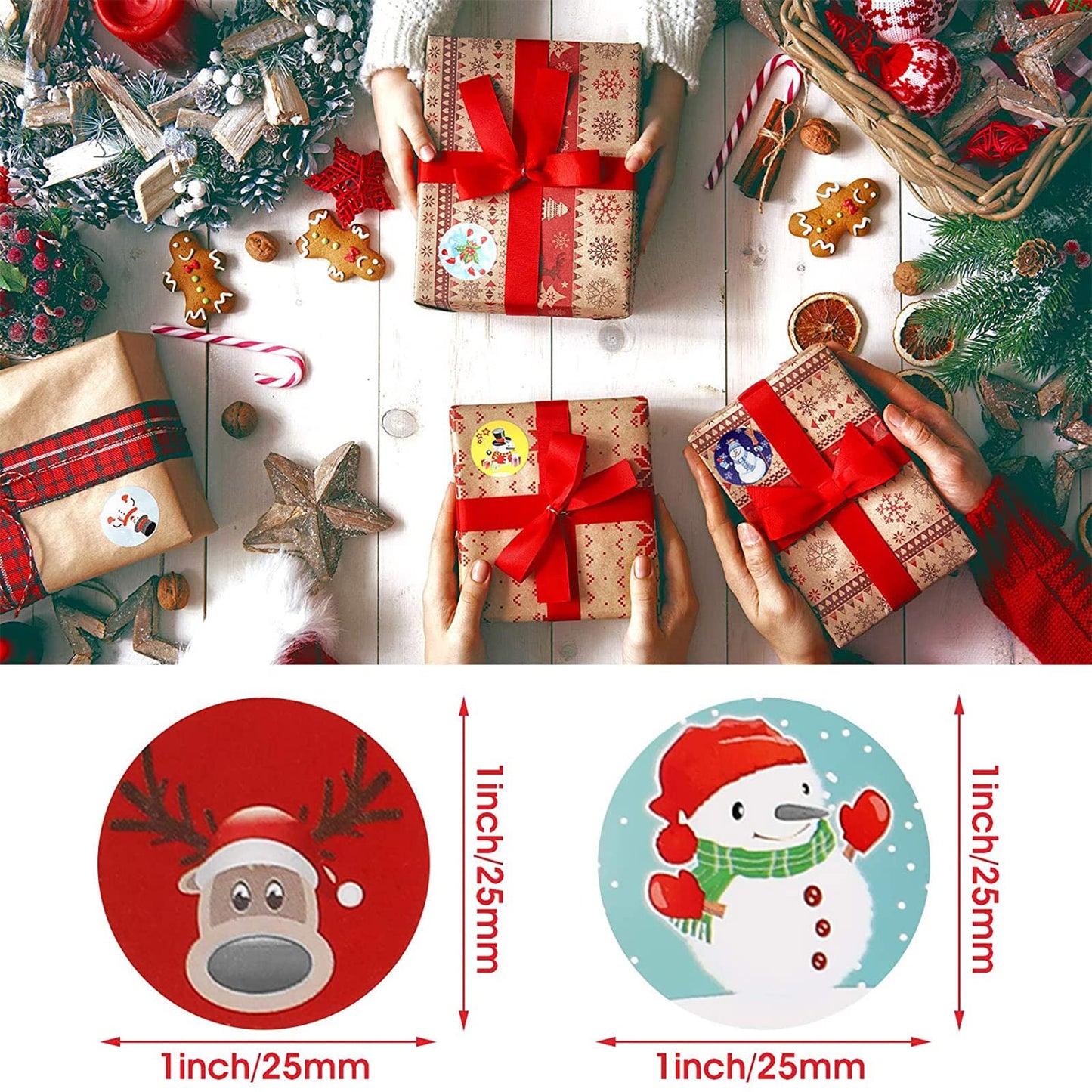 6 Rolls 3000 Pieces Christmas Stickers Round Adhesive Labels - Xmas Decorative Labels Roll 1 Inch 48 Designs for Cards Envelopes Boxes