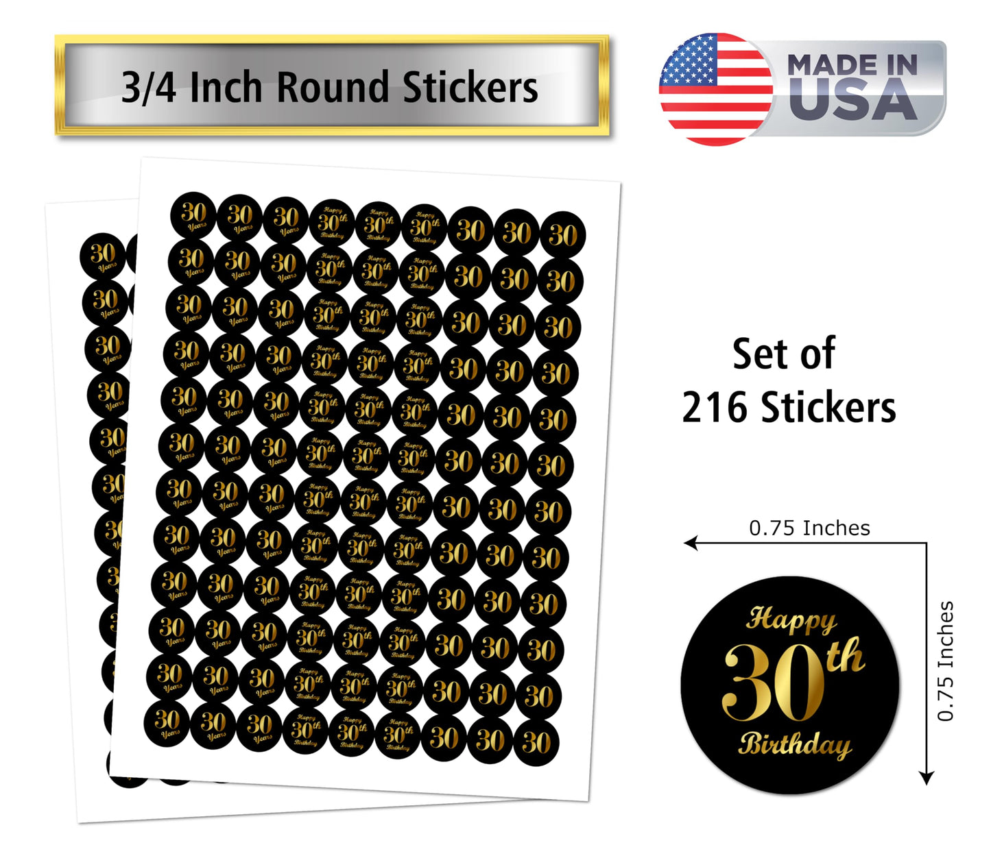 30th Birthday Black Kisses Stickers, (Set of 216) Chocolate Drops Labels Stickers for 30 Birthday, Party Favors Decor for Kisses. Made in USA,