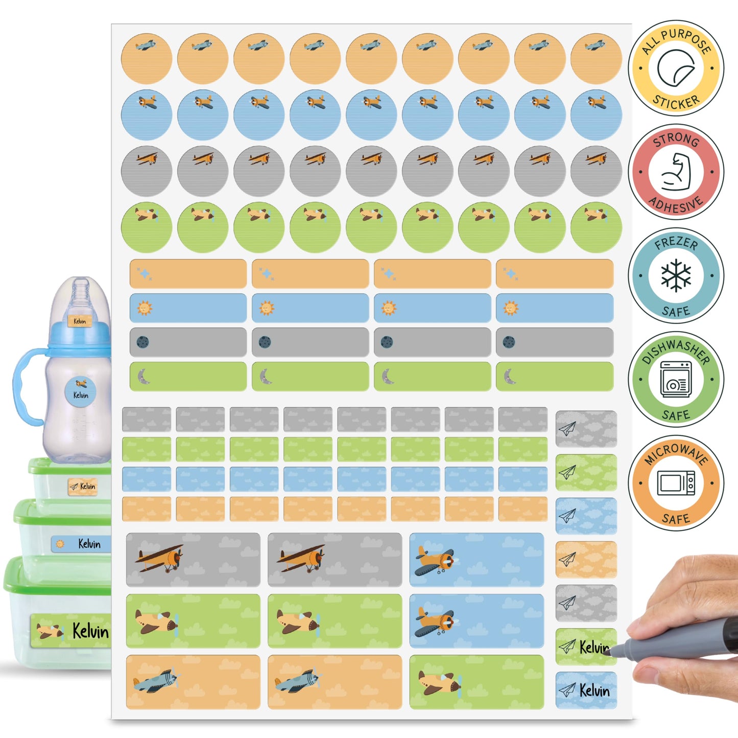 U-Name-It Self-Writing Name Stickers: 100 Personalized Waterproof Labels for Kids, Dishwasher & Microwave Safe, Name Stickers for Daycare, Bottles, School, and Camp, (Airplane)