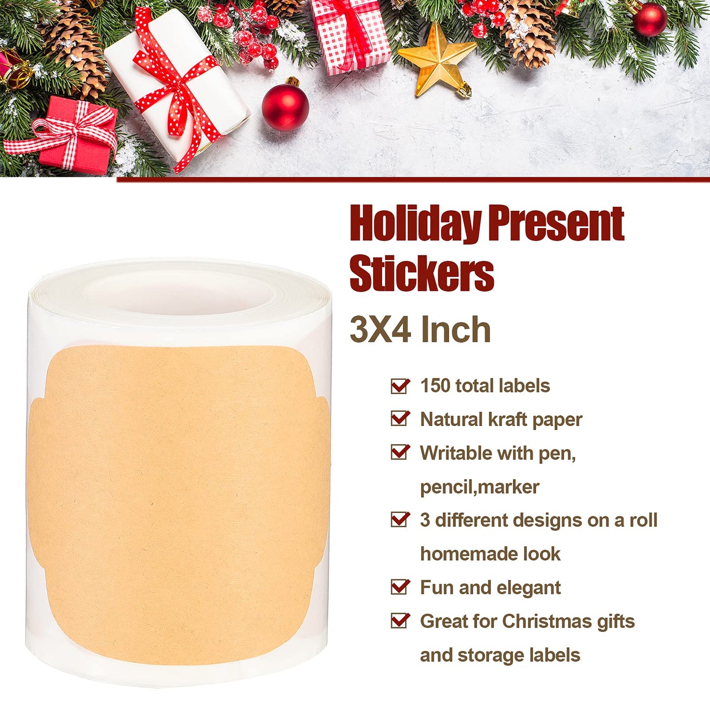 Outus 150 Pcs Christmas Stickers Labels Christmas Stickers for Gifts Blank to and from Xmas Name Label Present Tag Labels for Gift Wrapping Envelope(3 x 4 Inch,Brown) Brown 3 x 4 Inch