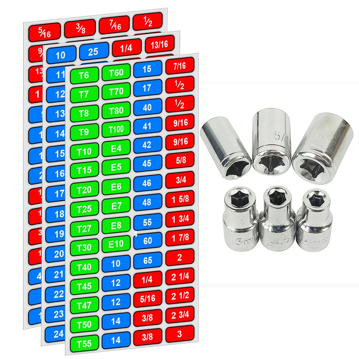 Foil Socket Labels Toolbox Stickers 180 pcs, 1/4", 3/8", 1/2" Wrench Size Labels Socket Size Stickers for Toolbox Organization