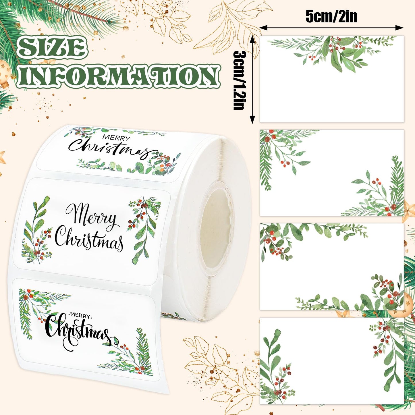 Whaline Christmas Direct Thermal Labels Xmas Holly Berry Coding Label Stickers Self-Adhesive Thermal Label Printer Decals for Xmas Party Business, 500Pcs