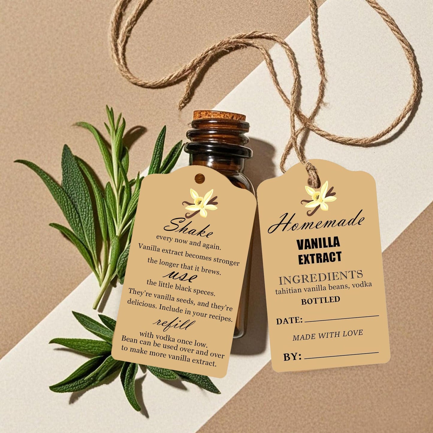Vanilla Extract Labels with Instructions Homemade Vanilla Tag Card for Handcrafted Vanilla Bottles,Christmas,Kitchen Pantry,Jar,Organization 50 Set
