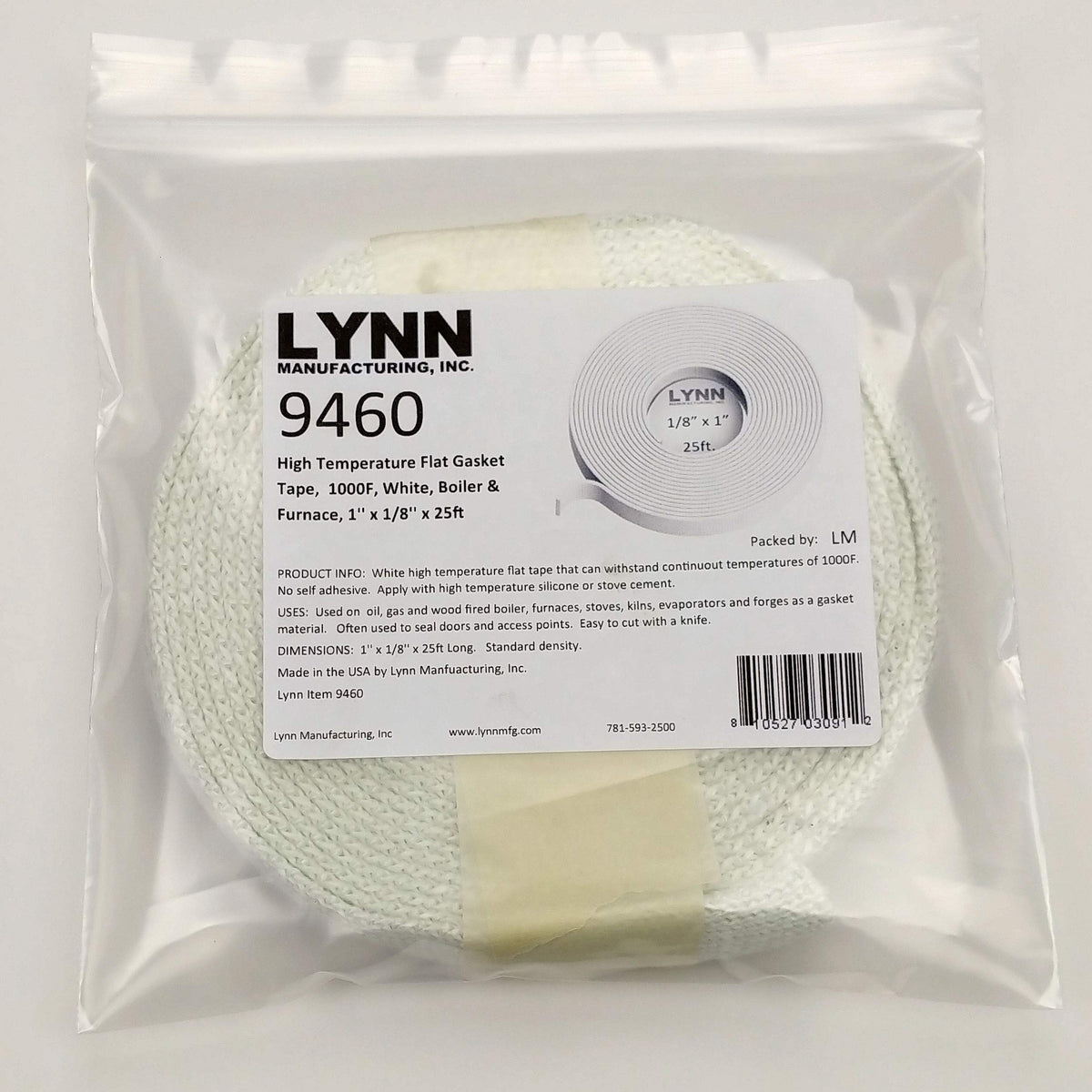 Lynn Manufacturing High Temperature Flat Gasket Tape, 1000F, White, Boiler & Furnace, 1'' x 1/8'' x 25ft, 9460