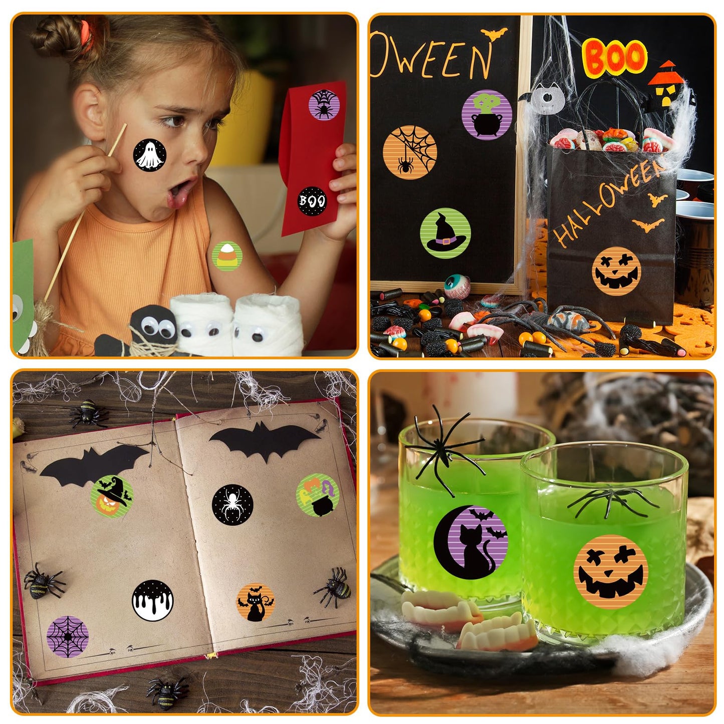 1000Pcs Halloween Stickers Ghost Pumpkin Witch Label Stickers Adhesive Paper Decals for Party Decor Supplies, 2 Rolls, 16 Designs