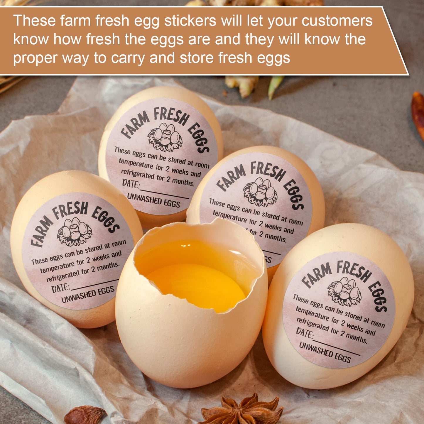 500pcs Farm Fresh Egg Carton Stickers, 2in Round Unwashed Egg Carton Labels with Collection Date Self-Adhesive Egg Packaging Labeling for Chicken Duck Quail Egg