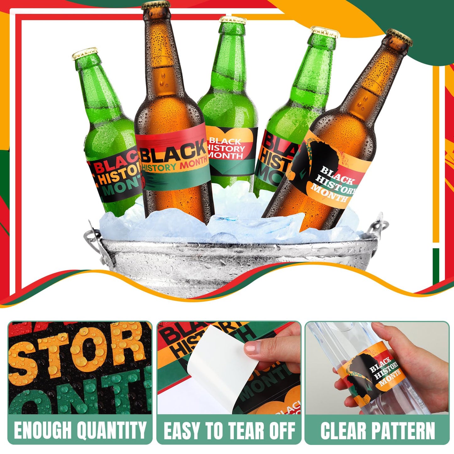 100 Pcs Water Bottle Labels Stickers Decorations Printable Bottle Wrapper Label Decals for Festival Decor, 5 Style(Black History Month) Black History Month