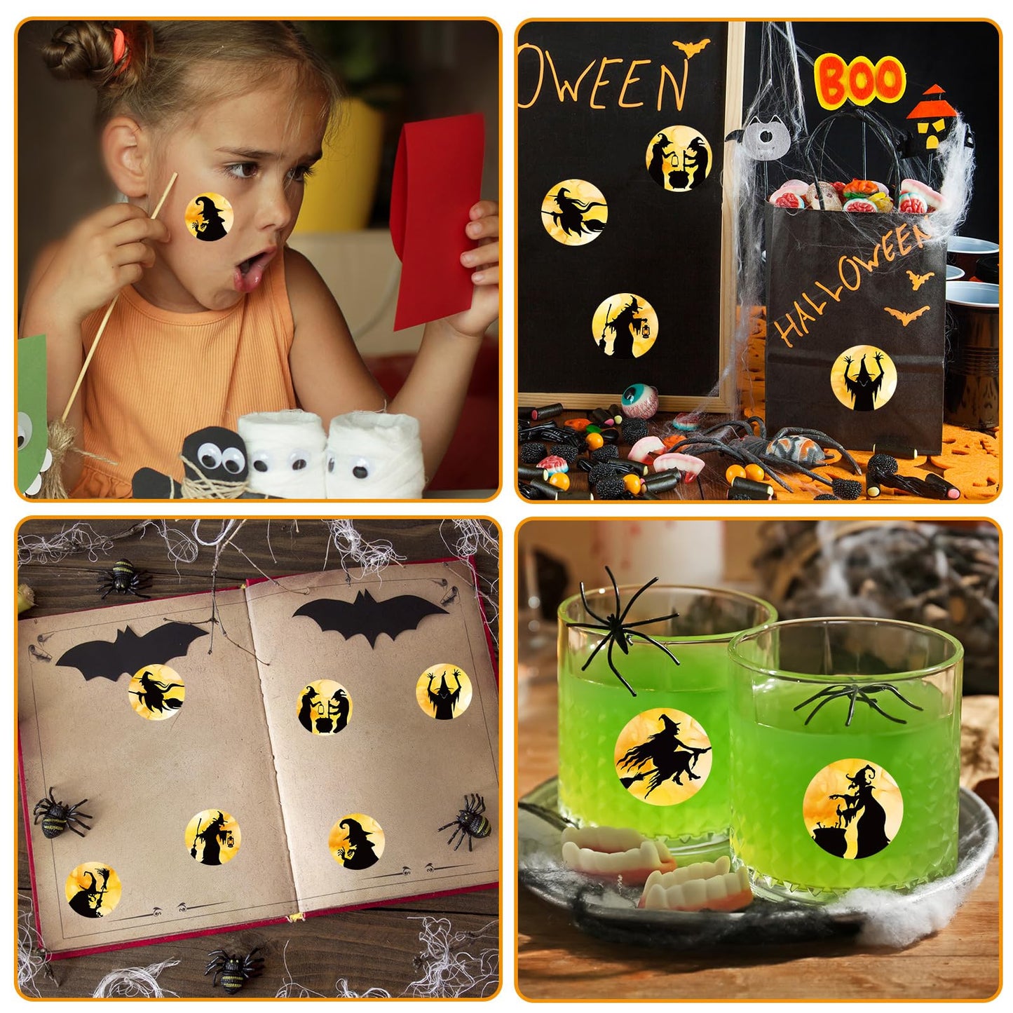 1000Pcs Halloween Stickers Roll Black Witch Round Decals Adhesive Sealing Labels for Trick or Treat Party Favor Supplies, 8 Designs