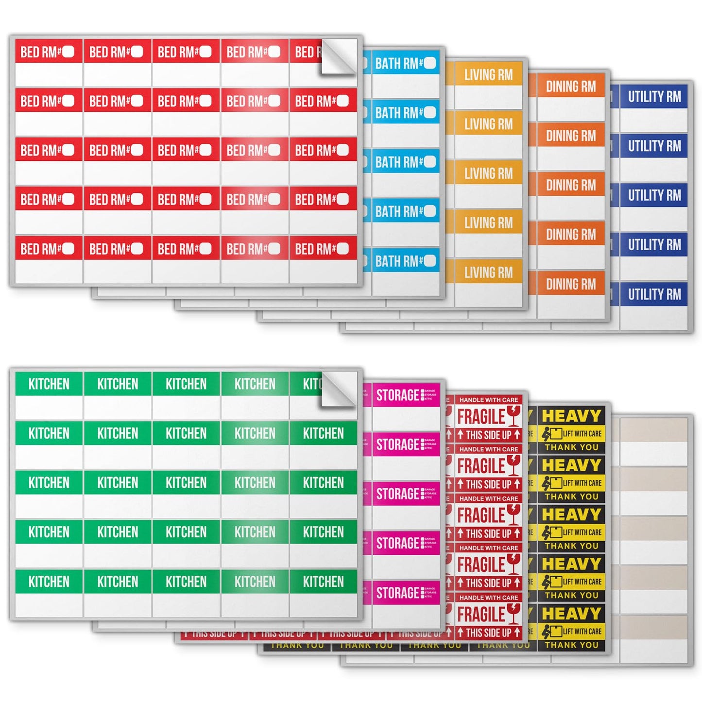 300 PCS Home Moving Labels - Ideal for 1-2 Bedroom Apartments or Condos - 3" x 2" 10 Designs of Color-Coded Moving Stickers w/Write-in Area, Fragile & Heavy Label 300 Labels
