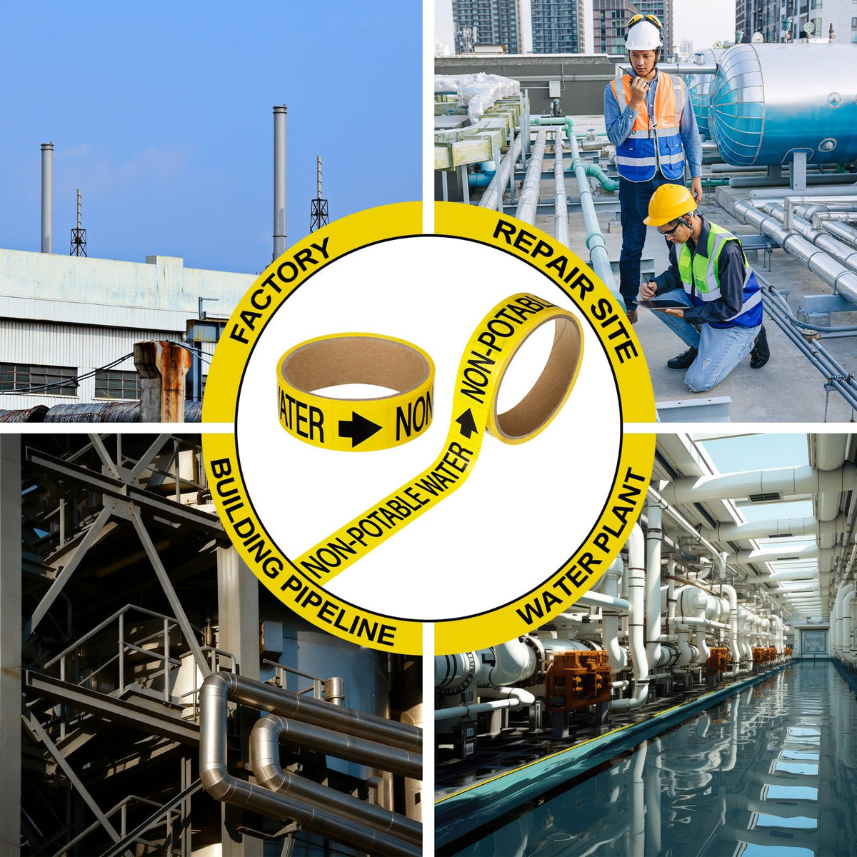 1 Roll Economy Pipe Markers - 1" Height x 8" Width Non-Potable Water Pipe Labels, Black On Yellow Self-Sticking Plastic Film