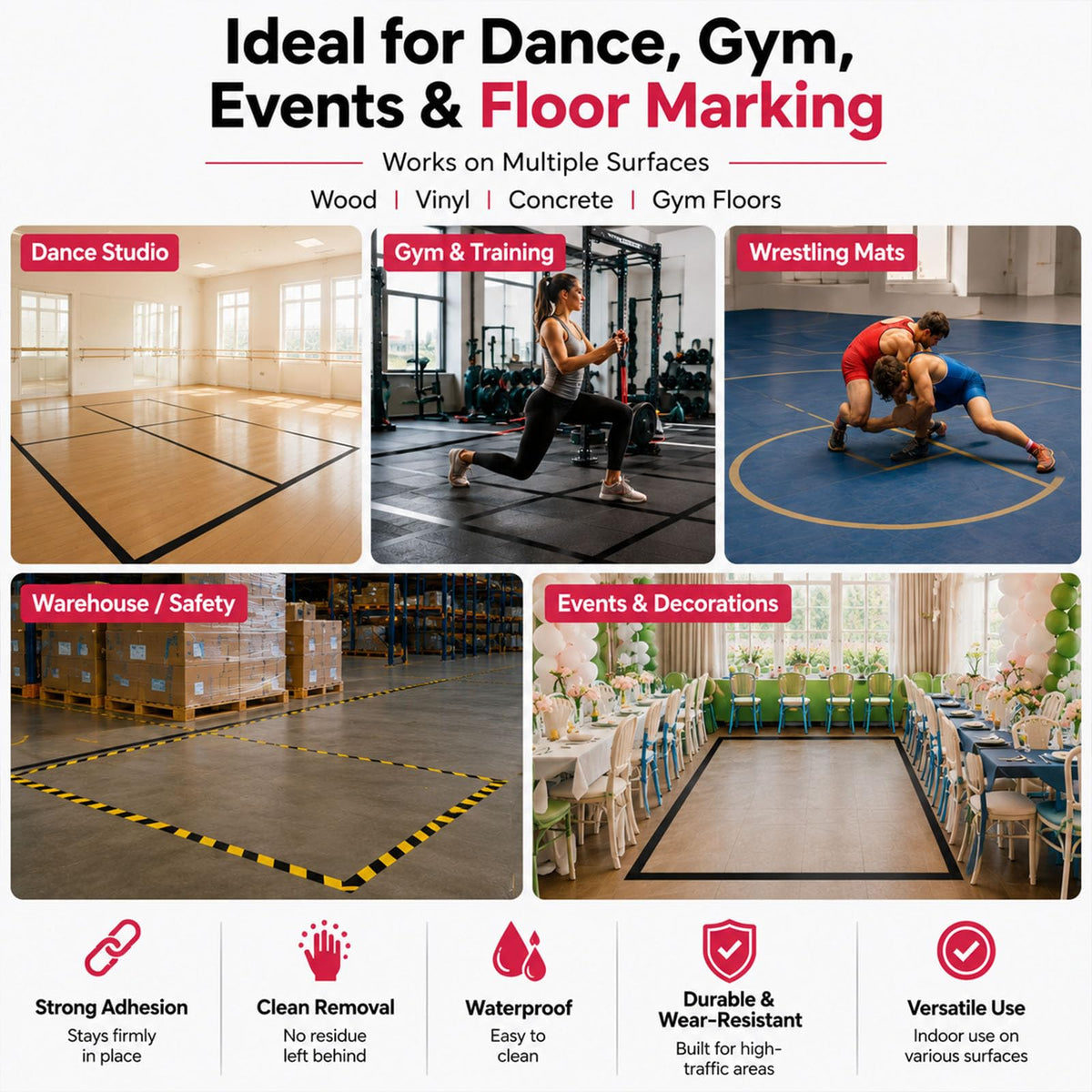 Pangda 2 Rolls Dance Floor Vinyl Tape 36 yd x 2 in Durable Tape Splicing Strong Adhesion No Residue for Gym Dance Room Restaurants Kitchen Floor Safety Marking(Black) Black