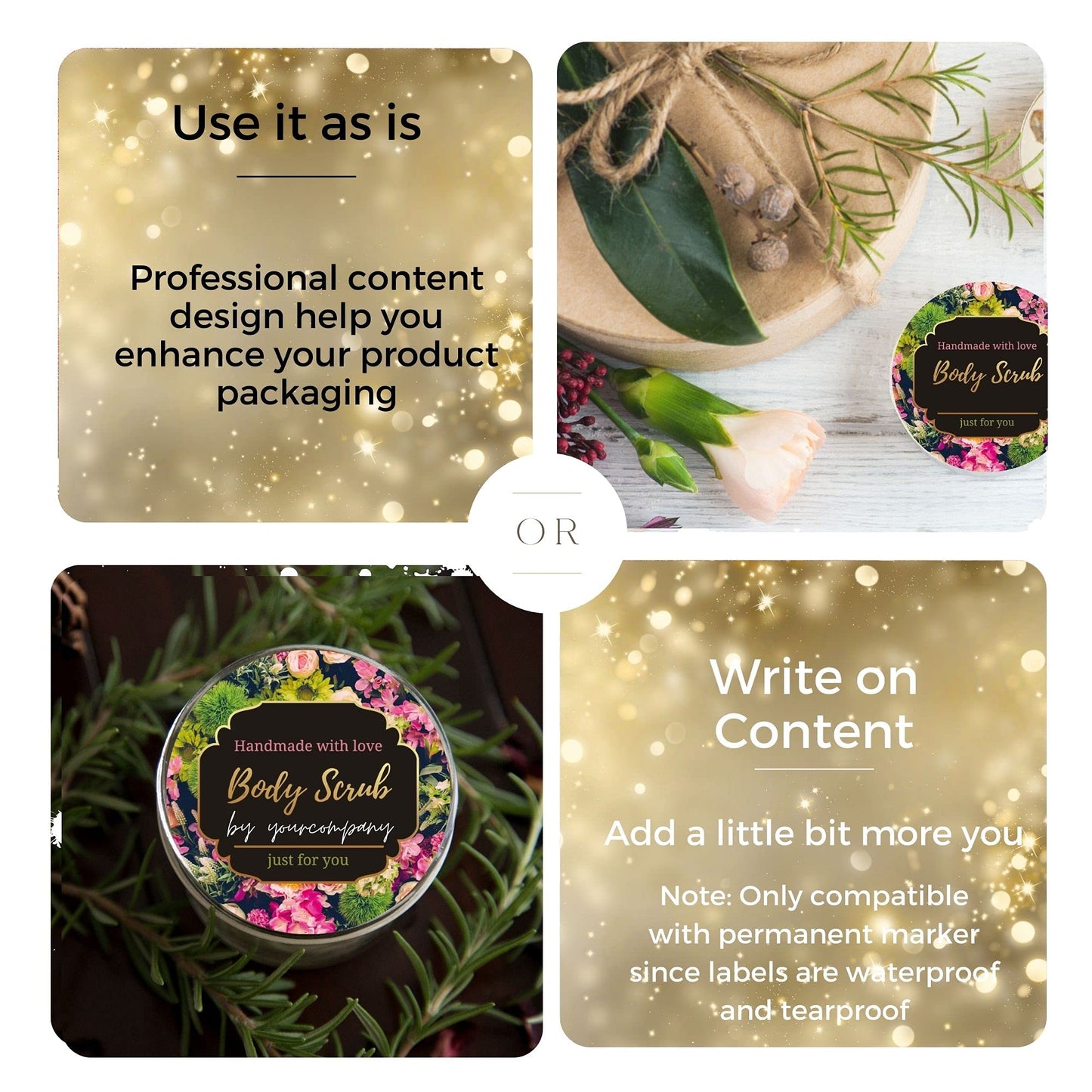 Mobiusea Creation Body Scrub Containers Labels Roll | 2 Inch | Gold Foil | 300 Waterproof Stickers for Small Plastic Containers | Ideal for Sugar Scrubs, Body Scrubs, Cosmetic Jars with Lids