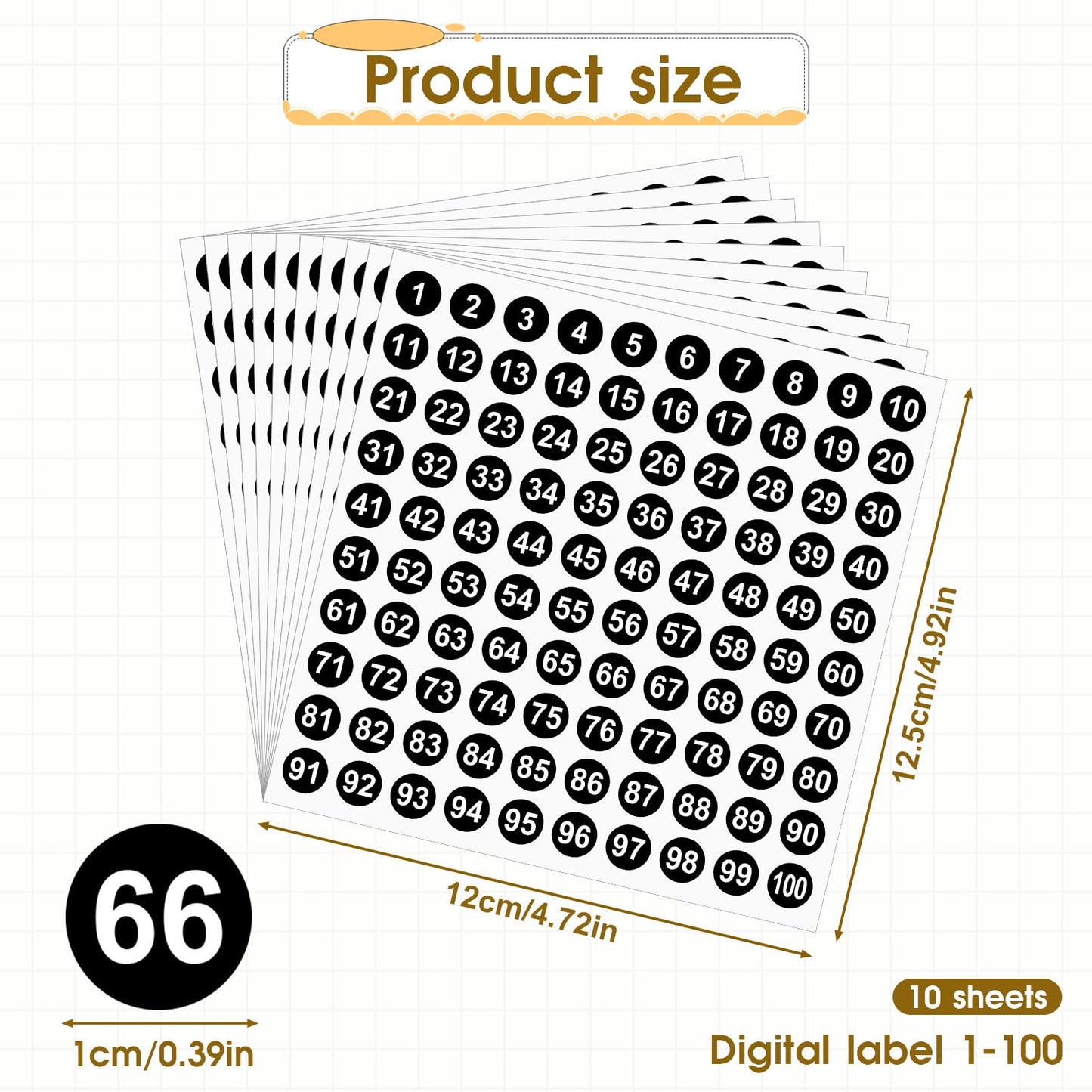 1-100 Round Number Stickers, 10 Sheets Consecutive Labels, Self-Adhesive 0.4" Small Numbered Stickers for Office, Home, Kitchen, Classroom
