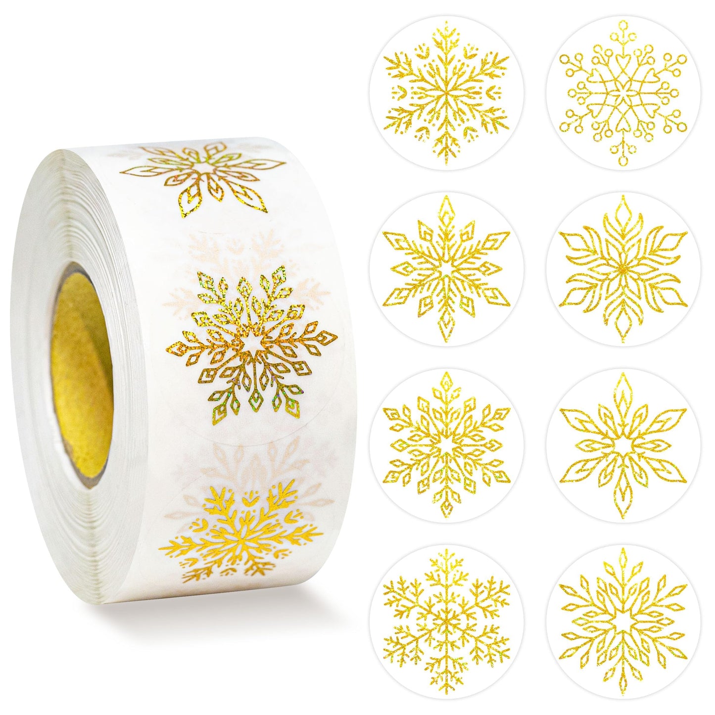 Lesnala 1000Pcs Gold Foil Snowflake Stickers Roll Clear Holographic Christmas Label Round Self Adhesive for Xmas Winter Envelopes Present Decor 8 Styles Golden