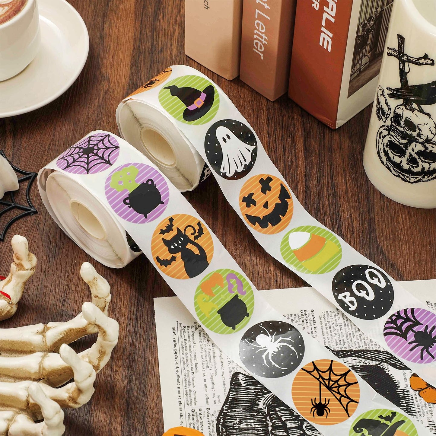 1000Pcs Halloween Stickers Ghost Pumpkin Witch Label Stickers Adhesive Paper Decals for Party Decor Supplies, 2 Rolls, 16 Designs