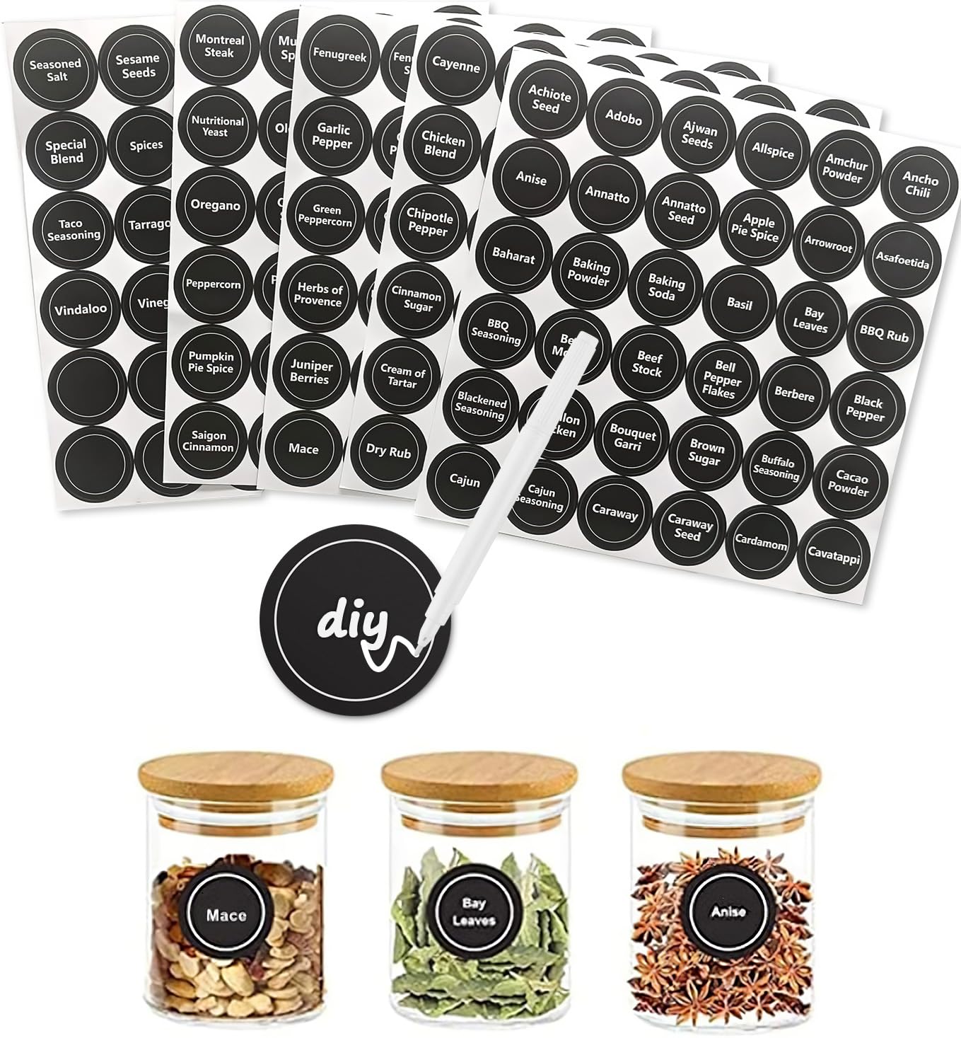 180 Spice Jar Labels - Chalkboard Stickers, Preprinted and Blank - Round and Erasable for Spice Containers 1.5 in