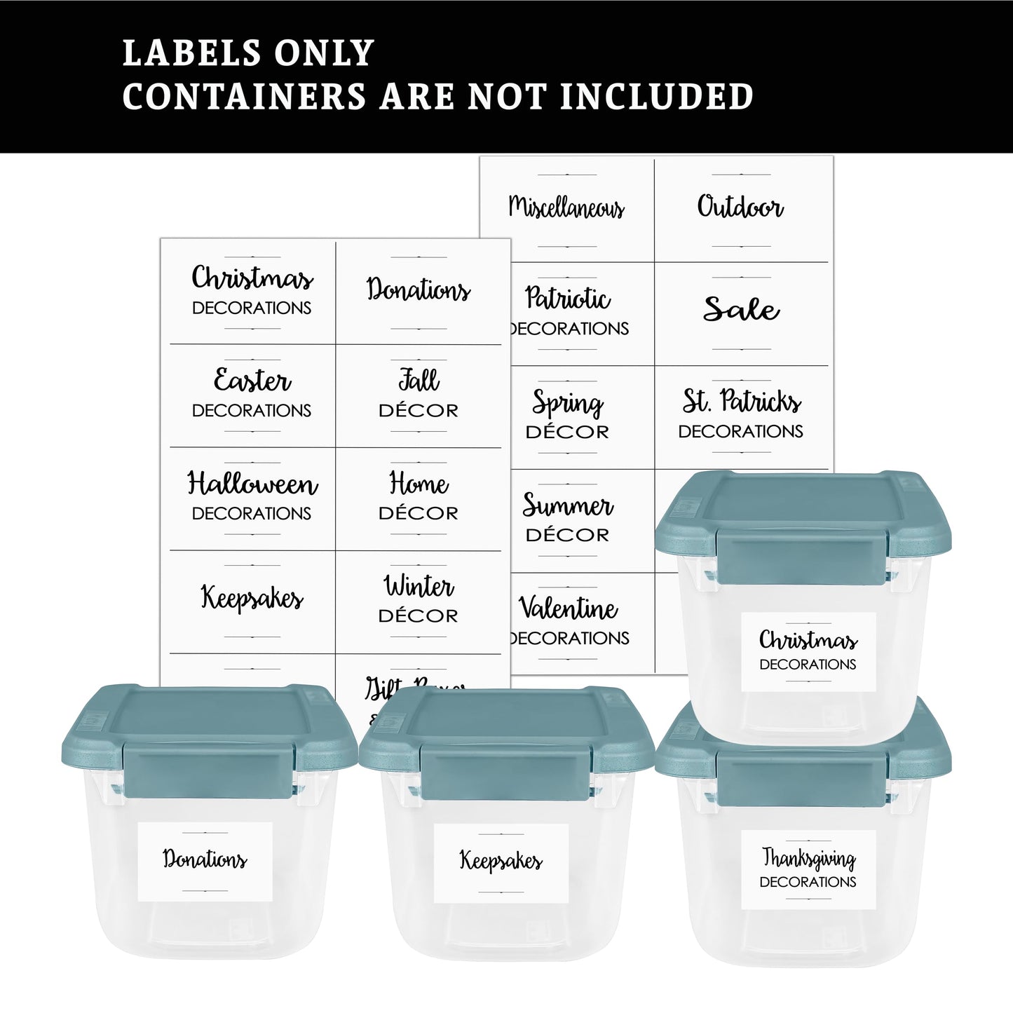 Mintitude Waterproof Storage Stickers for Organizing Bins and Containers, Preprinted Home, Garage, Basement Organization Labels (20 Pack) 20