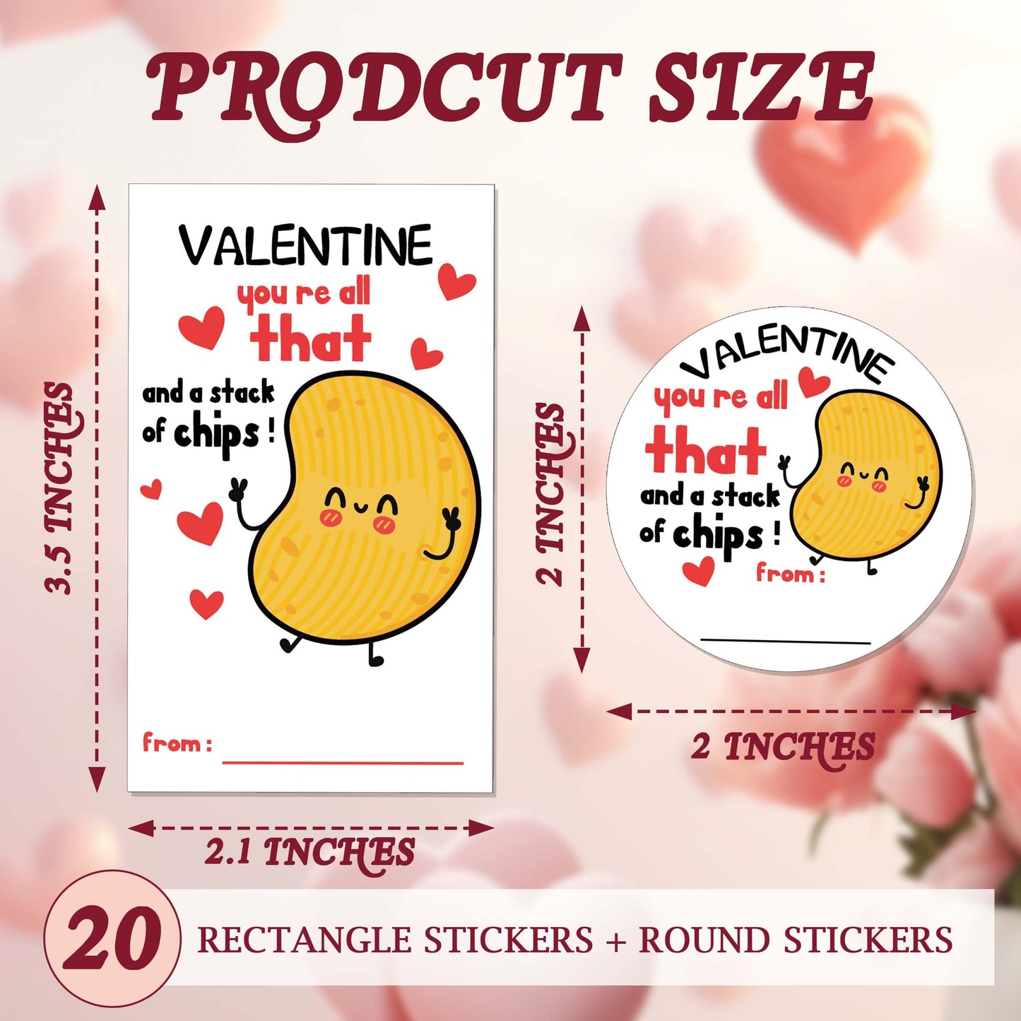 Valentine's Day Stickers, Potato Chips Valentine Favor Stickers, Valentine Party Favor Labels, 20 Round Stickers and 20 Square Stickers, Valentine Labels for Gift Wrapping Classroom-A01