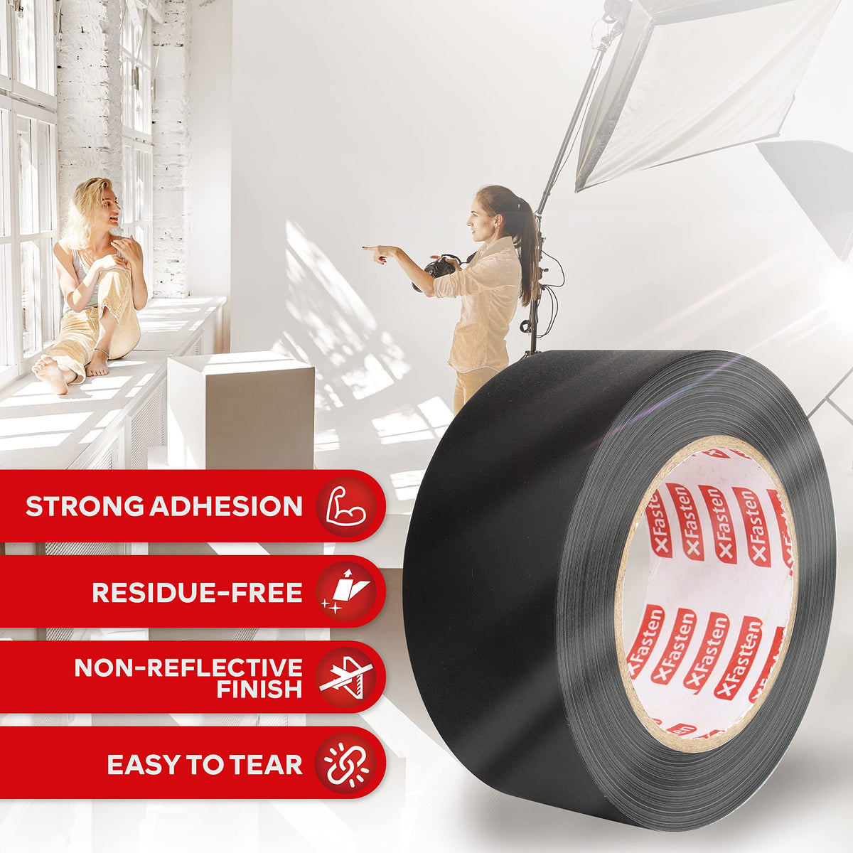 XFasten Pro Black Gaffers Tape 2 Inch X 30 Yards, Multipurpose No Residue Black Tape, Non-Reflective, Tear By Hand Black Cloth Tape, Use As Floor Tape For Electrical Cords, Photography Black Gaff Tape