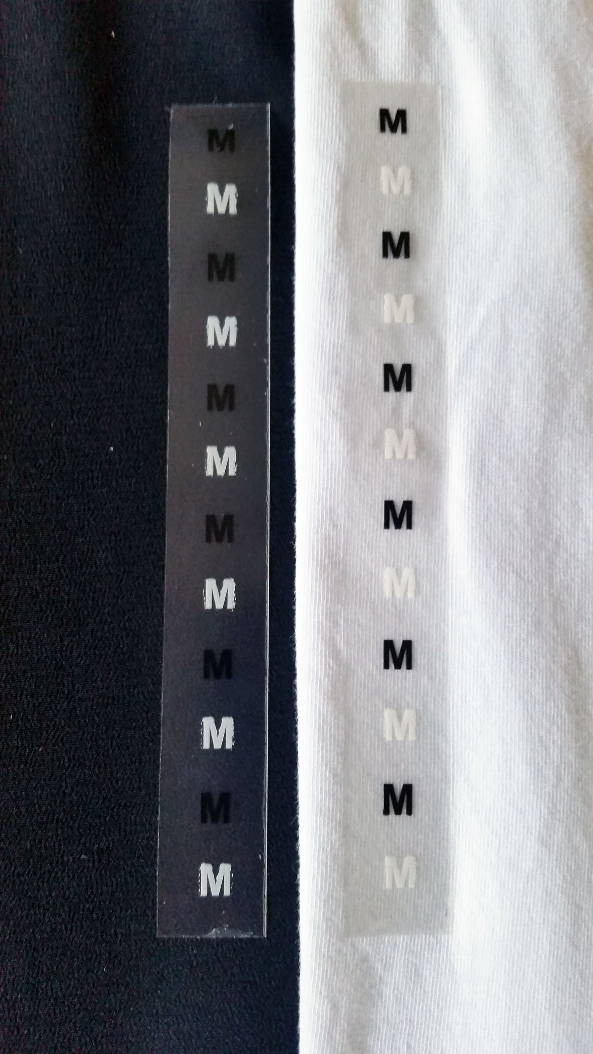 Medium Modern Clothing Labels – Clear Size Strip Stickers with Black Text, 3/4 x 6 Inch Adhesive Labels, 200 Total Stickers Per Roll for Retail Apparel, Organization, and Inventory – Made in the USA M