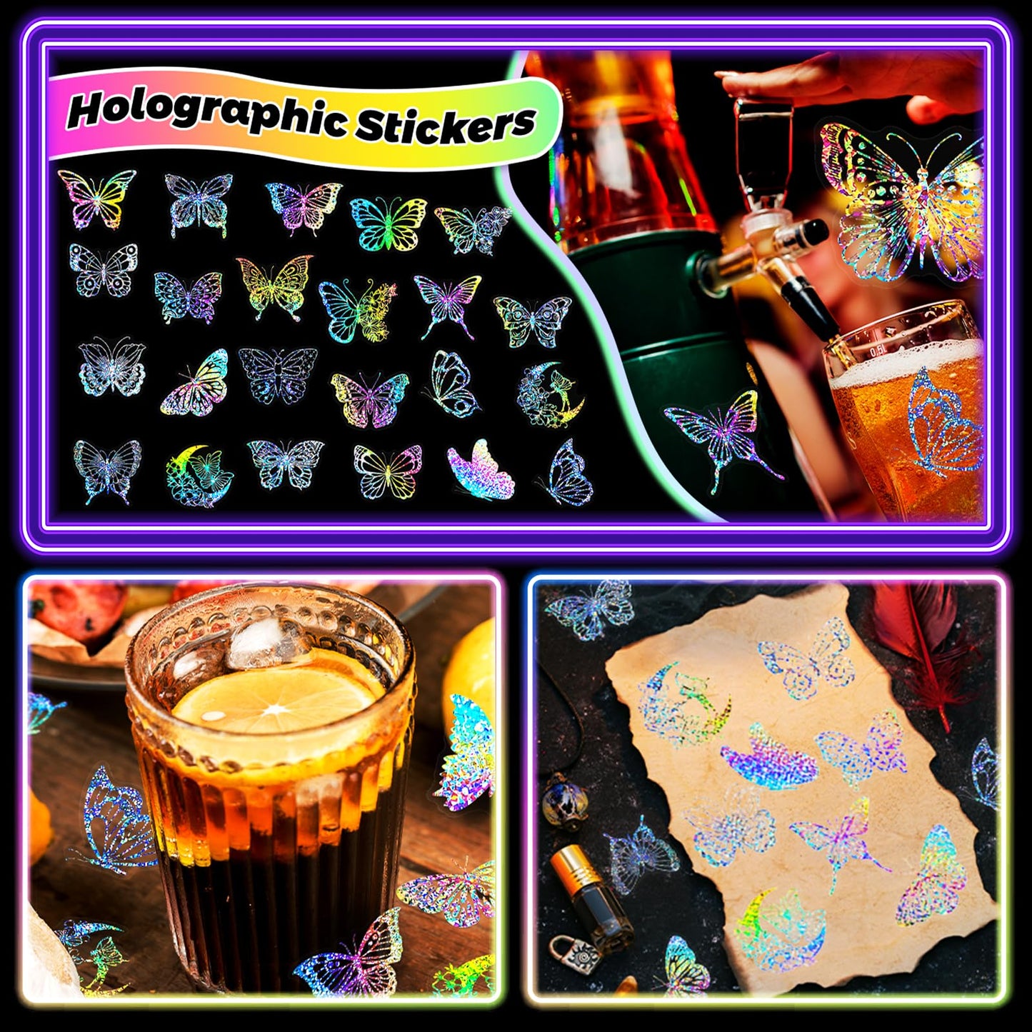 100PCS Holographic Butterfly Stickers, Laser Transparent Waterproof Stickers, Self-Adhesive Labels for Scrapbooking, Water Bottles, Journals, Laptops, Wall Decoration Blue