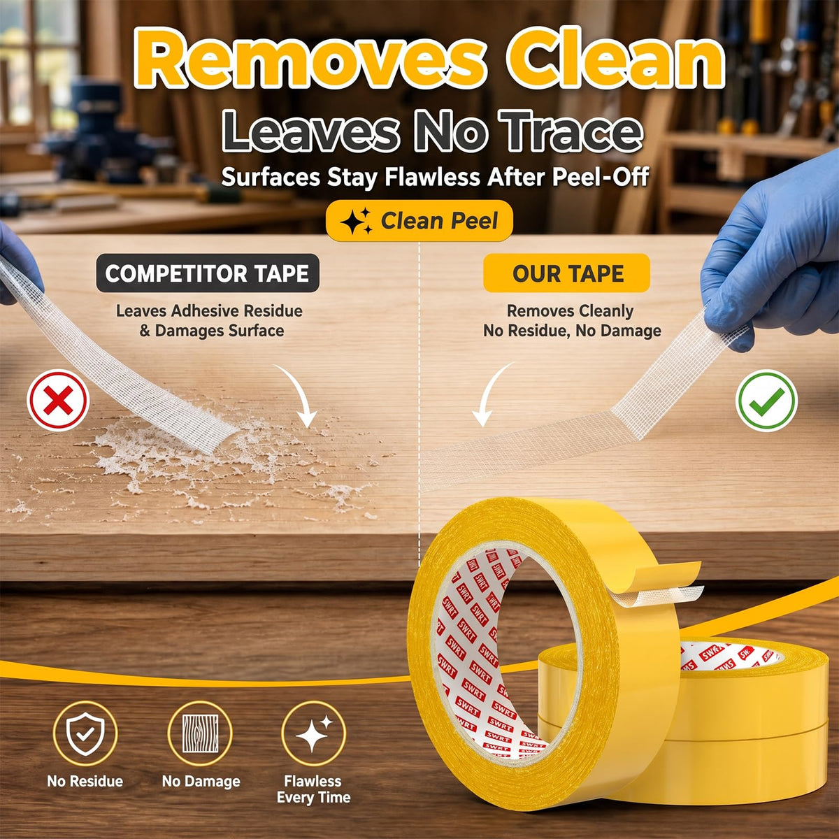 SWRT Double Sided Woodworking Tape 1 Inch x 108 FT, 3 Rolls, Removable Adhesive for Holding Wood Templates, Mounting Boards, MDF Edge Banding, Routing, and Anchoring, Clean Removal No Residue