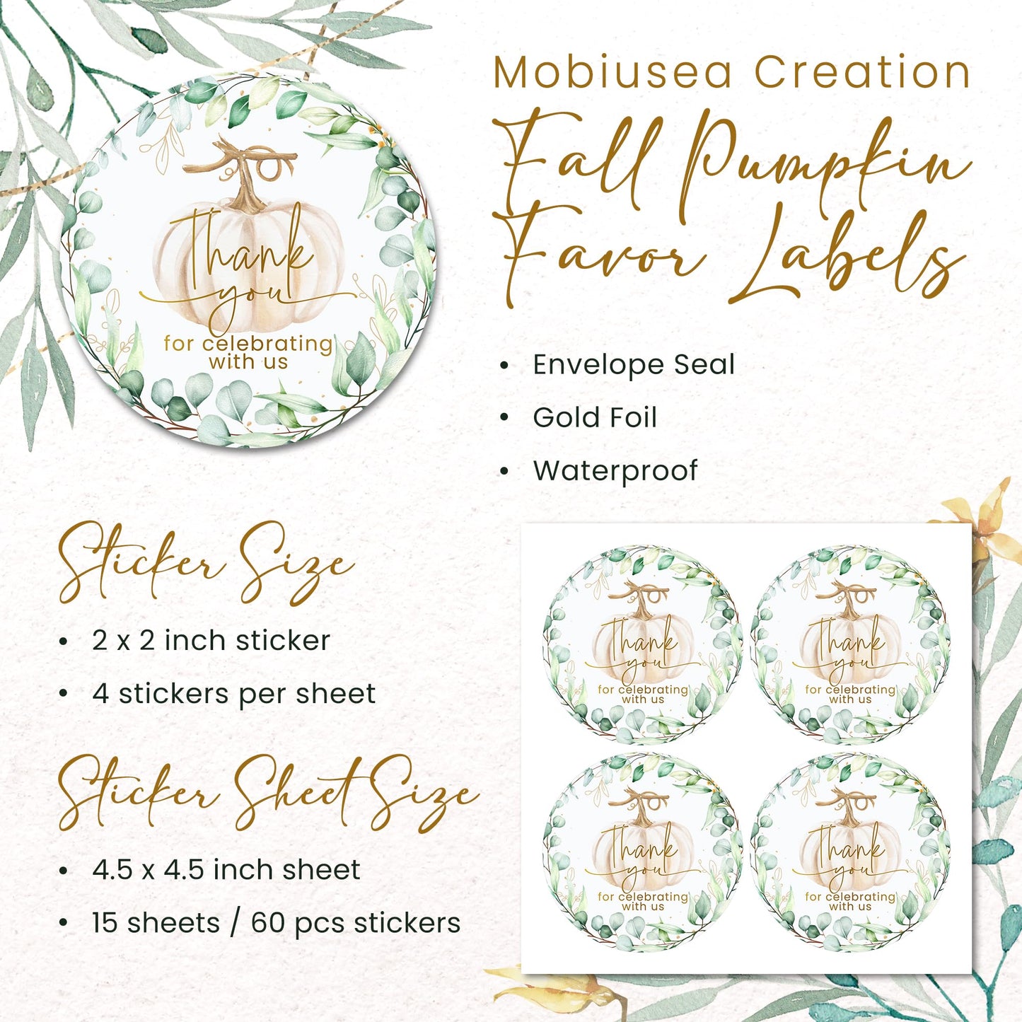 Mobiusea Creation Fall Pumpkin Greenery Wedding Thank You Lables Elegant Thank You for Celebrating with Us Stickers | 2 inch | Gold Foil | 60pcs Waterproof Favor Labels for Wedding, Bridal Shower