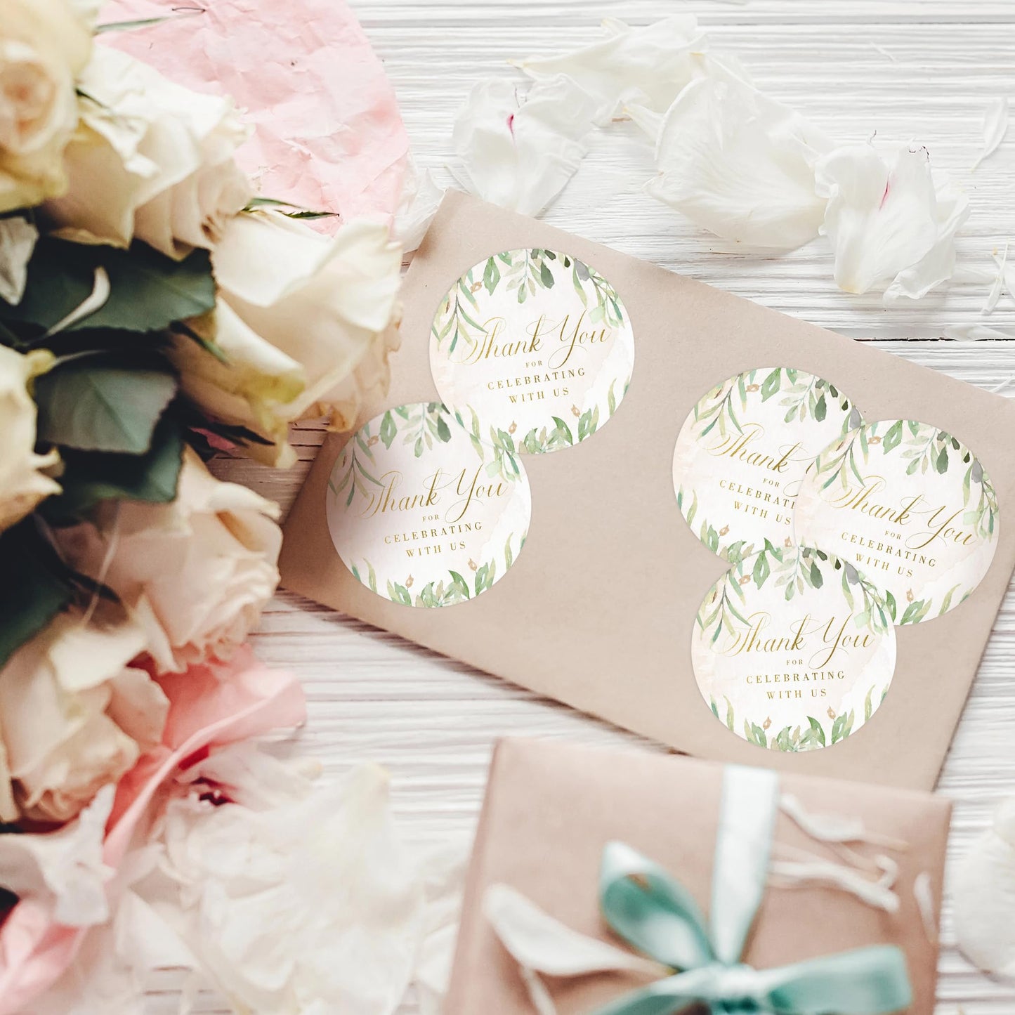 Rustic Greenery Wedding Thank You Labels Thank You for Celebrating with Us Stickers | 2 inch | Gold Foil | 60pcs Waterproof Favor Labels for Wedding, Bridal Shower, Baby Shower